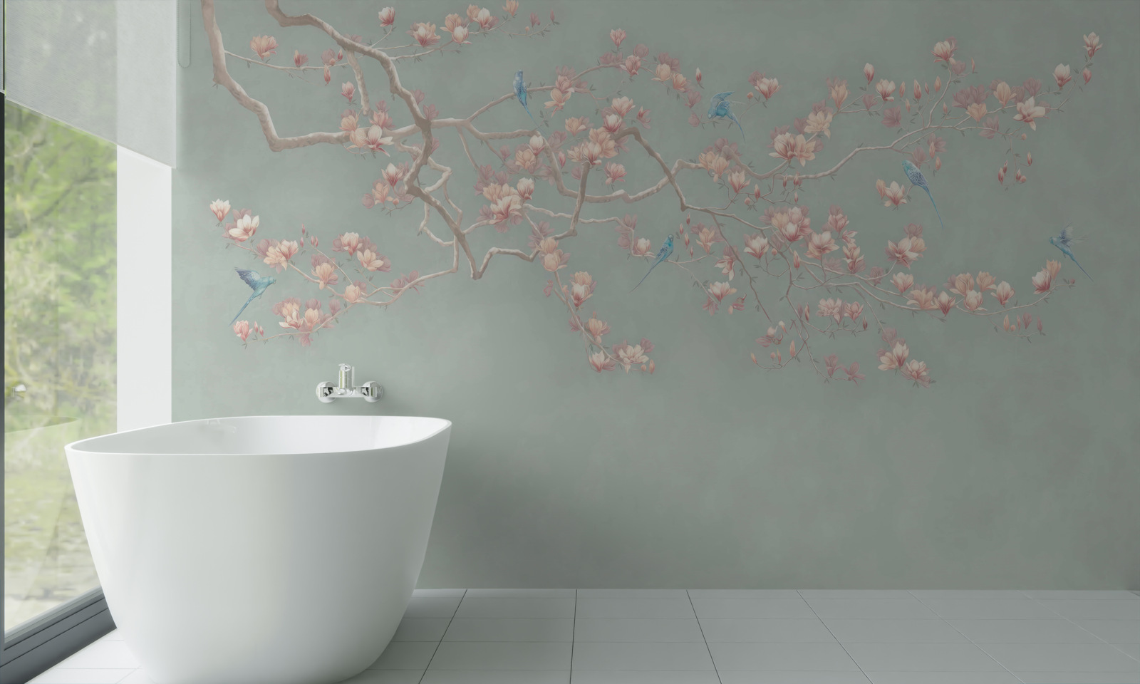 Fototapet ramură cu flori înflorite și afine