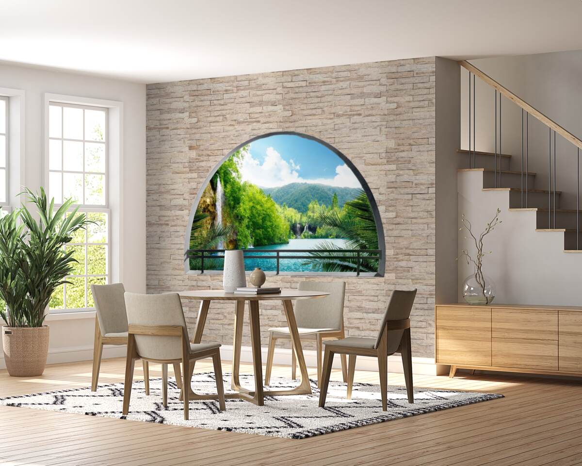 Fototapet o gaură în perete care oferă o priveliște pitorească a naturii