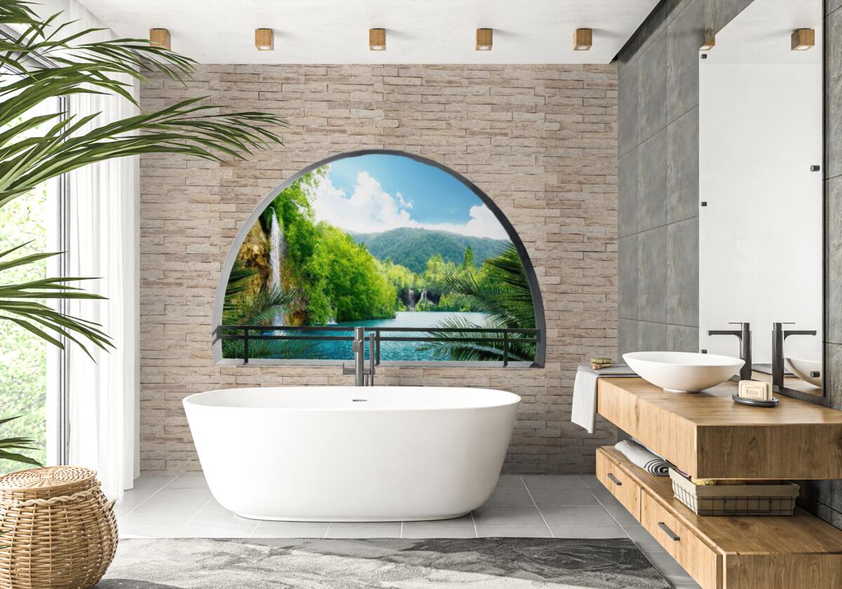 Fototapet o gaură în perete care oferă o priveliște pitorească a naturii