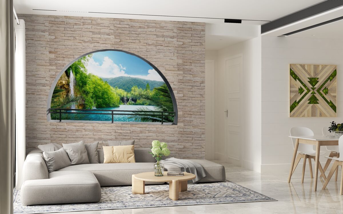 Fototapet o gaură în perete care oferă o priveliște pitorească a naturii