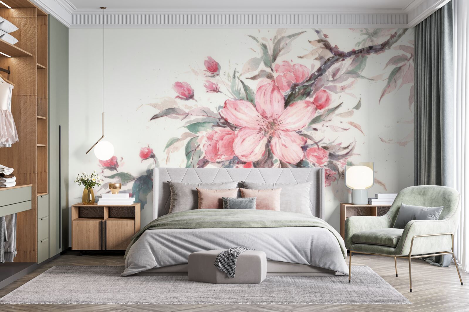 Fototapet ramură cu o floare roz înflorită