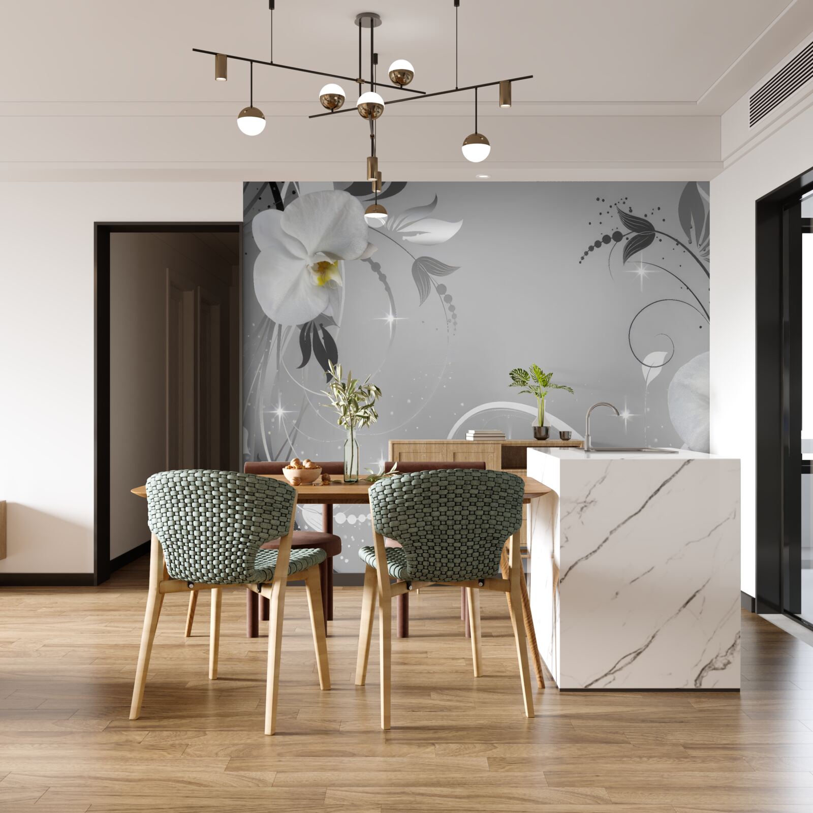 Fototapet orhidee albe și frunze gri