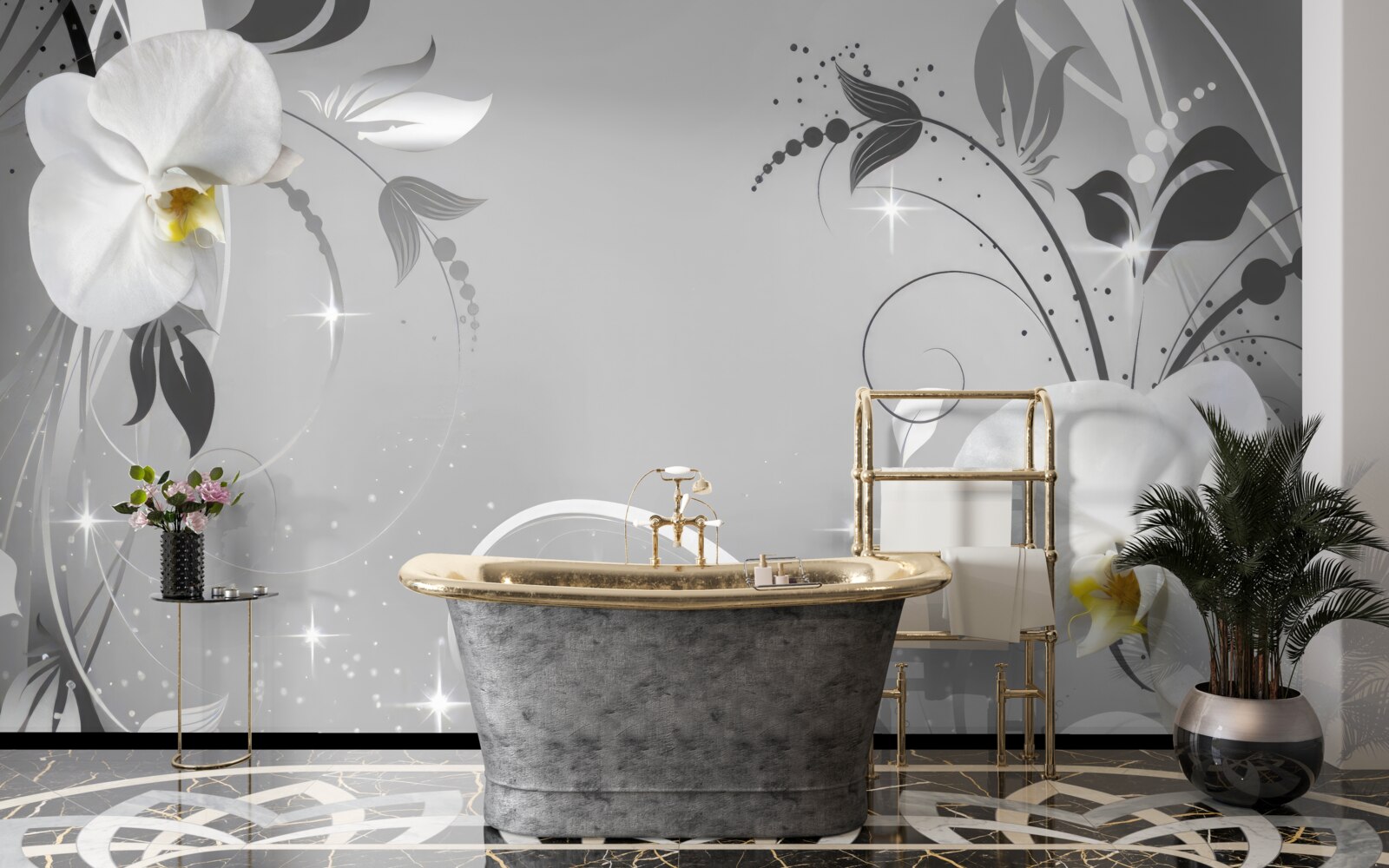 Fototapet orhidee albe și frunze gri