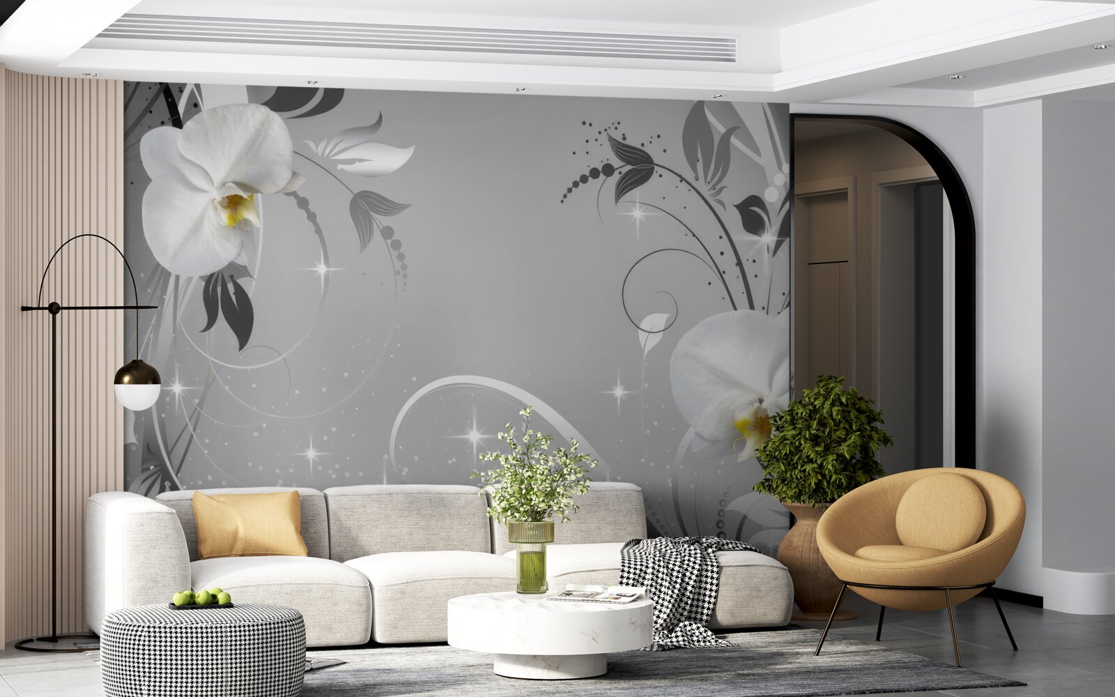 Fototapet orhidee albe și frunze gri