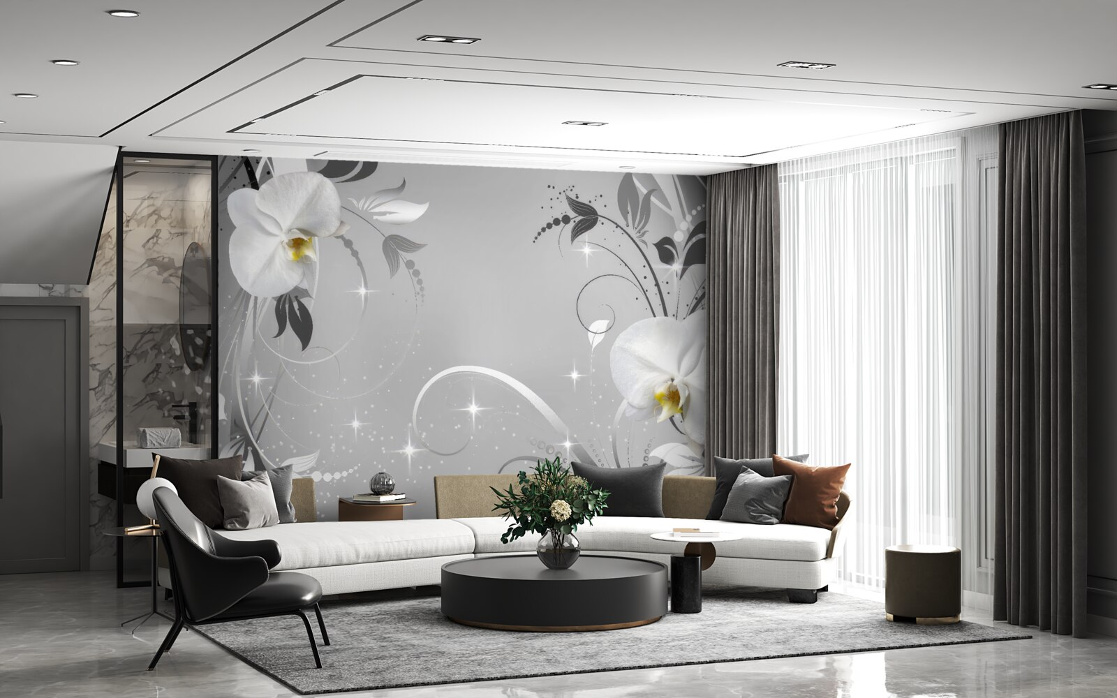 Fototapet orhidee albe și frunze gri