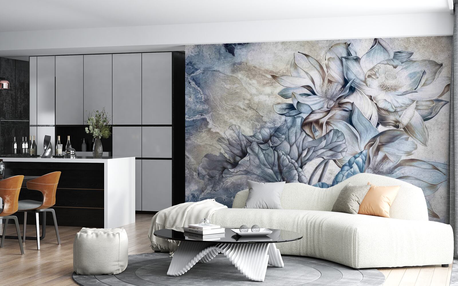 Fototapet flori care descriu iluzia de ochi albaștri