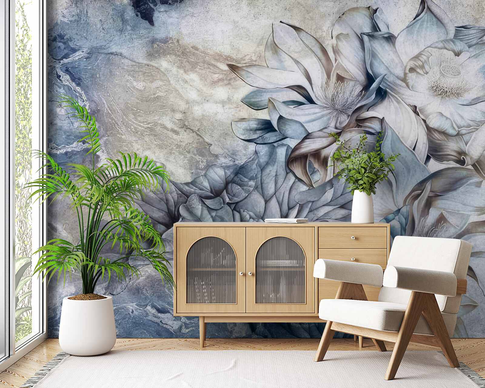 Fototapet flori care descriu iluzia de ochi albaștri