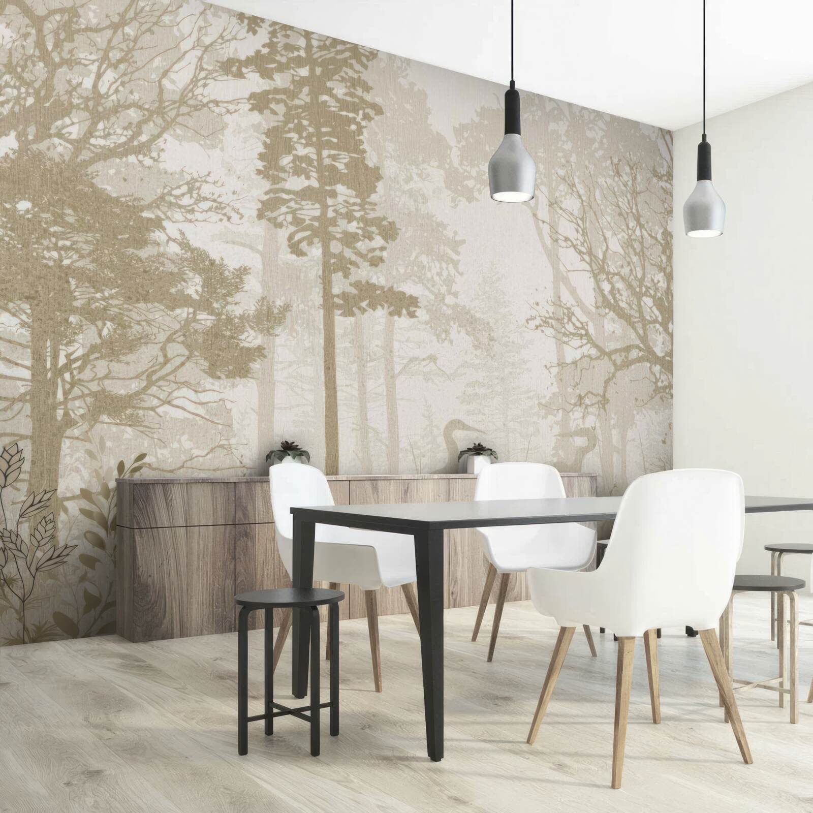 Fototapet păsări alunecând printre copaci subțiri