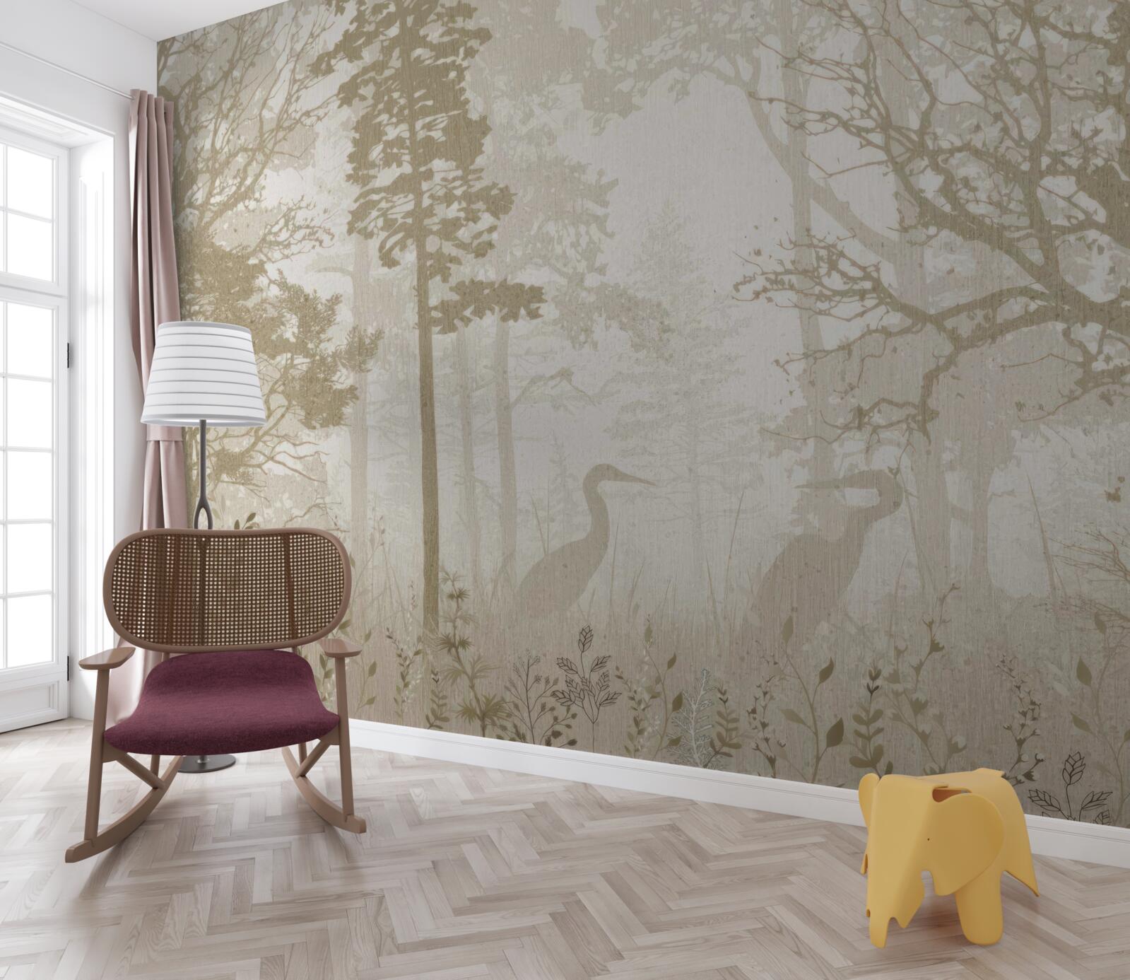 Fototapet păsări alunecând printre copaci subțiri