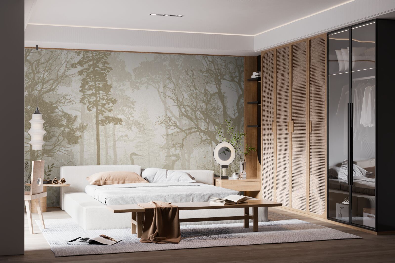 Fototapet păsări alunecând printre copaci subțiri