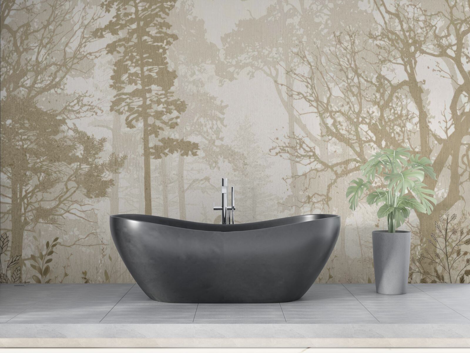 Fototapet păsări alunecând printre copaci subțiri