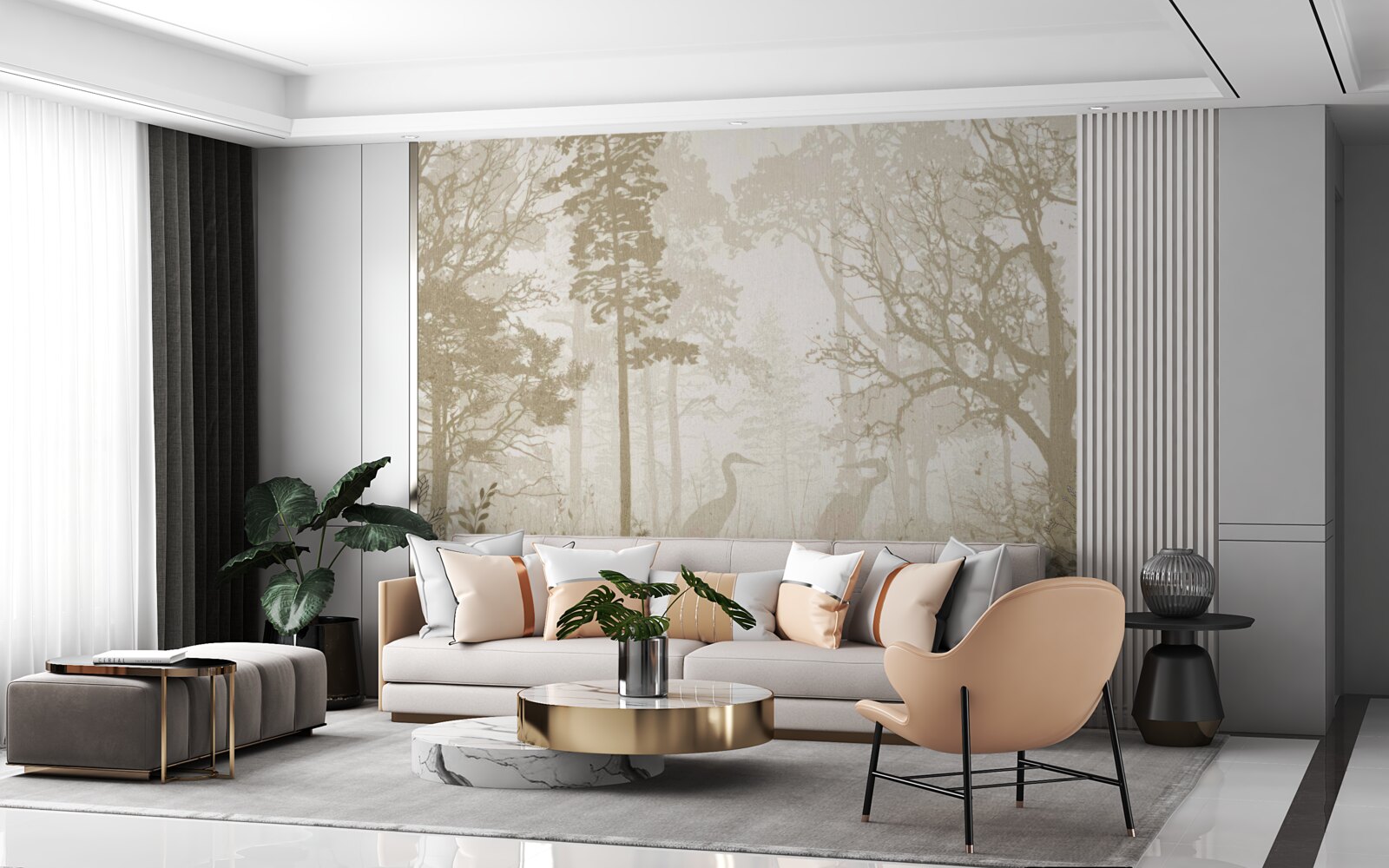 Fototapet păsări alunecând printre copaci subțiri