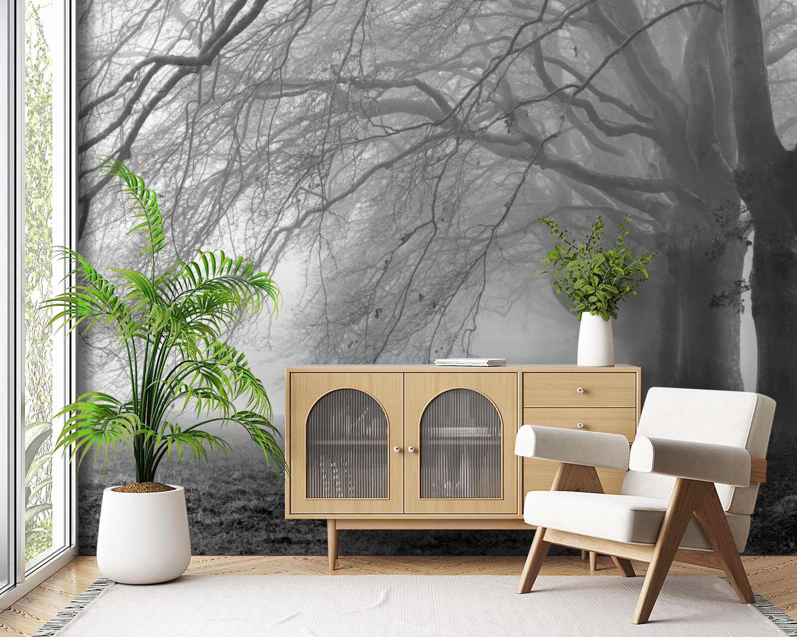 Fototapet pădure cețoasă acoperită cu copaci