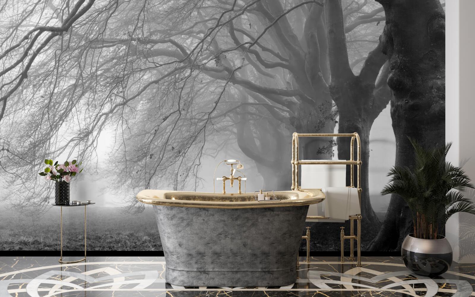 Fototapet pădure cețoasă acoperită cu copaci