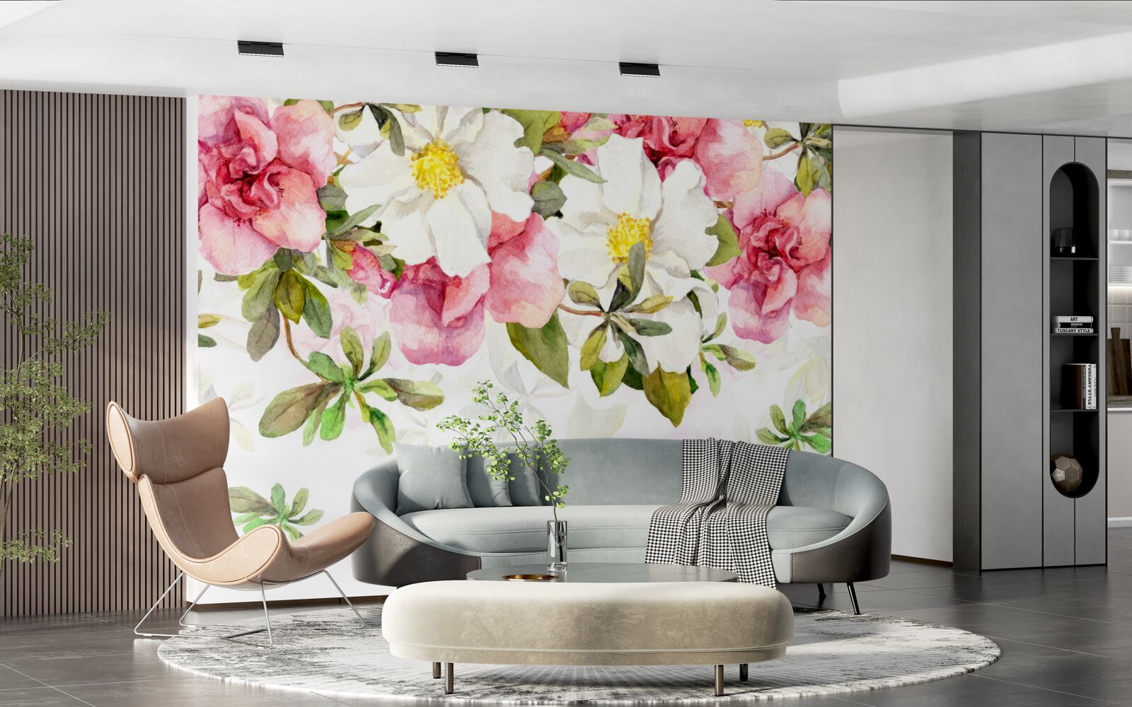 Fototapet margarete albe și trandafiri roz