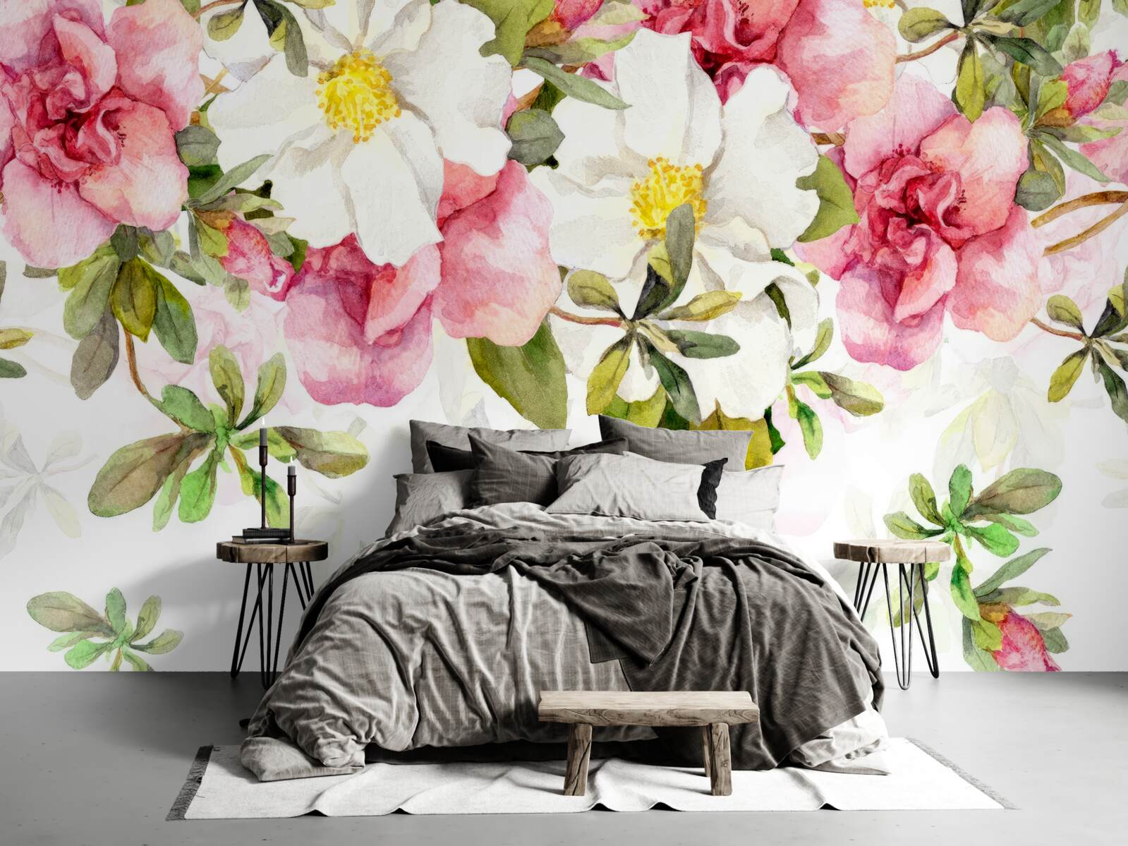 Fototapet margarete albe și trandafiri roz