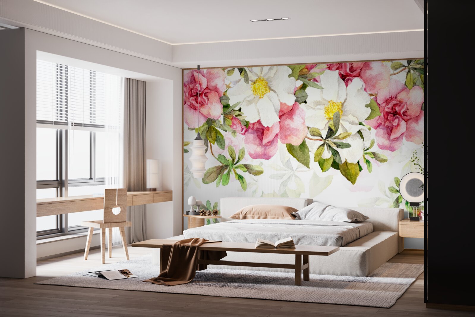 Fototapet margarete albe și trandafiri roz