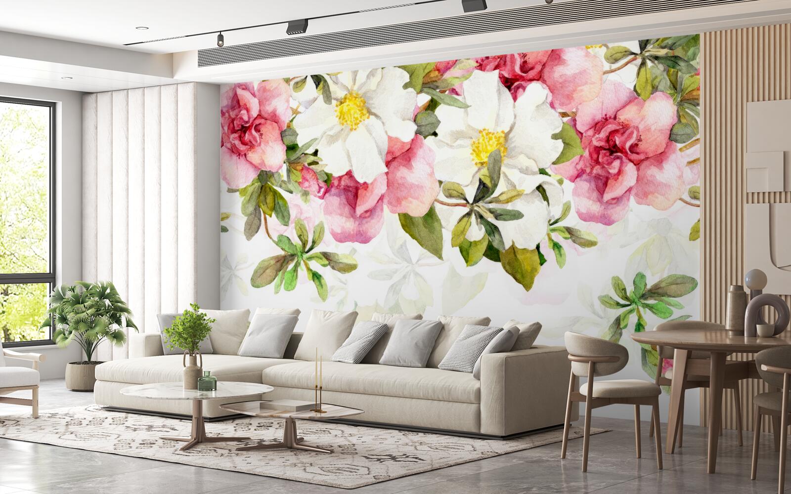 Fototapet margarete albe și trandafiri roz