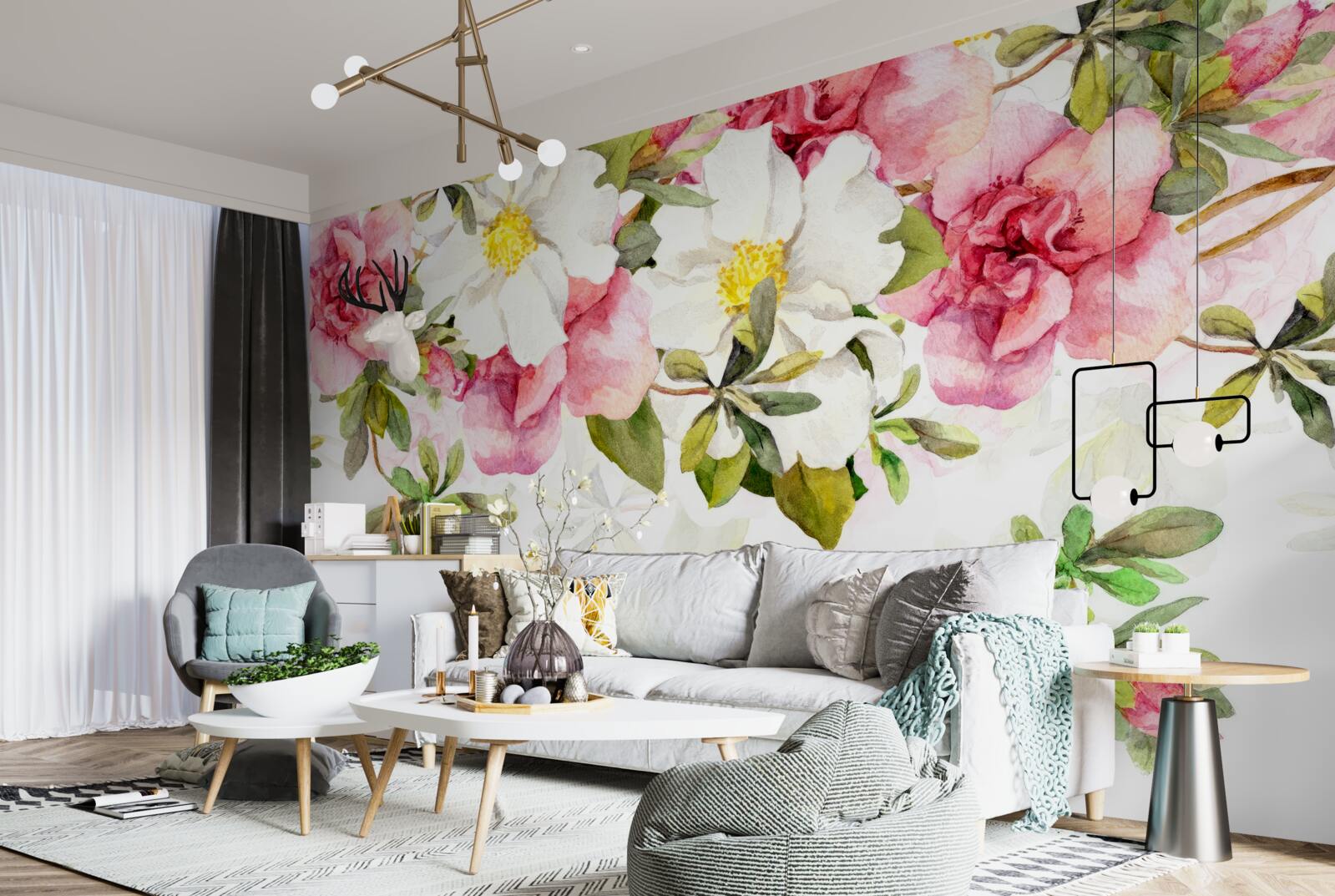 Fototapet margarete albe și trandafiri roz