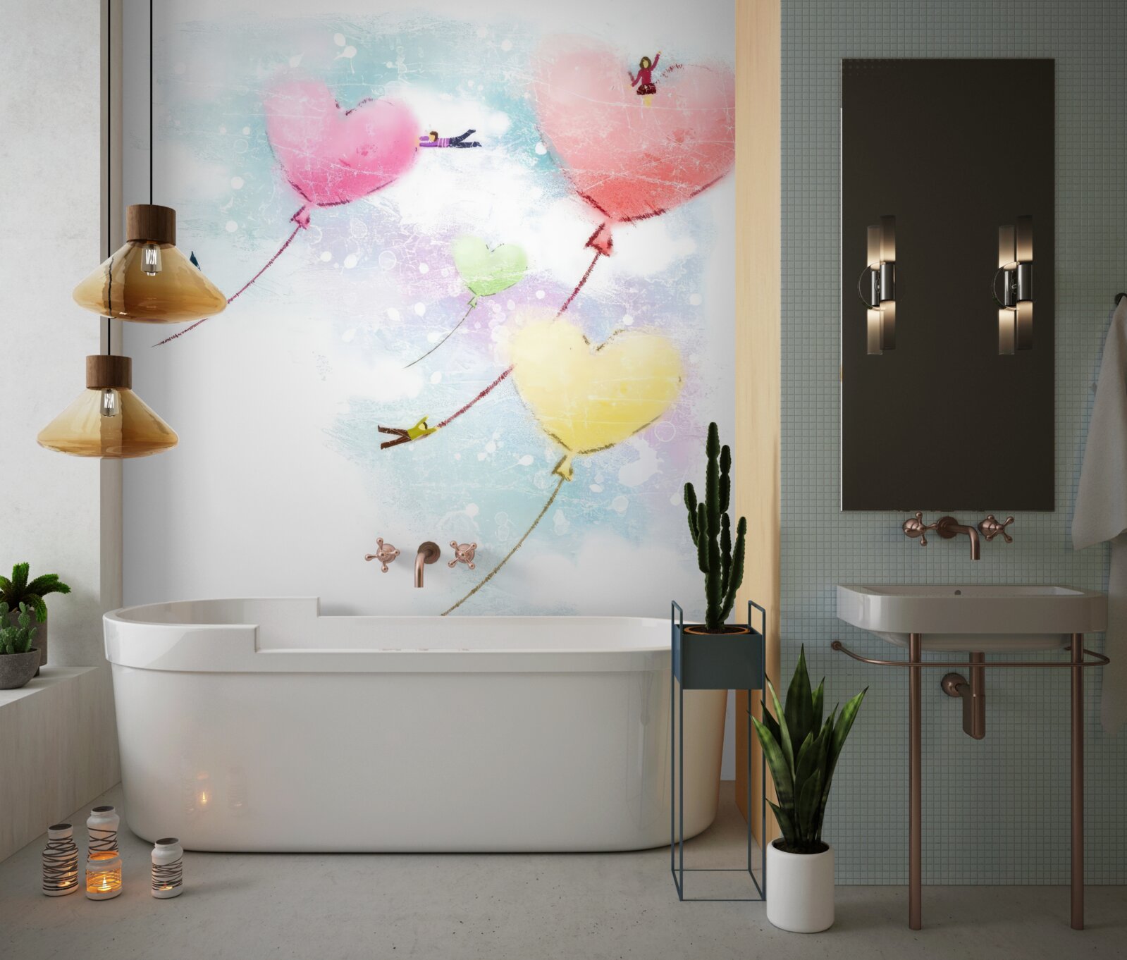 Fototapet oamenii zboară în baloane în formă de inimă