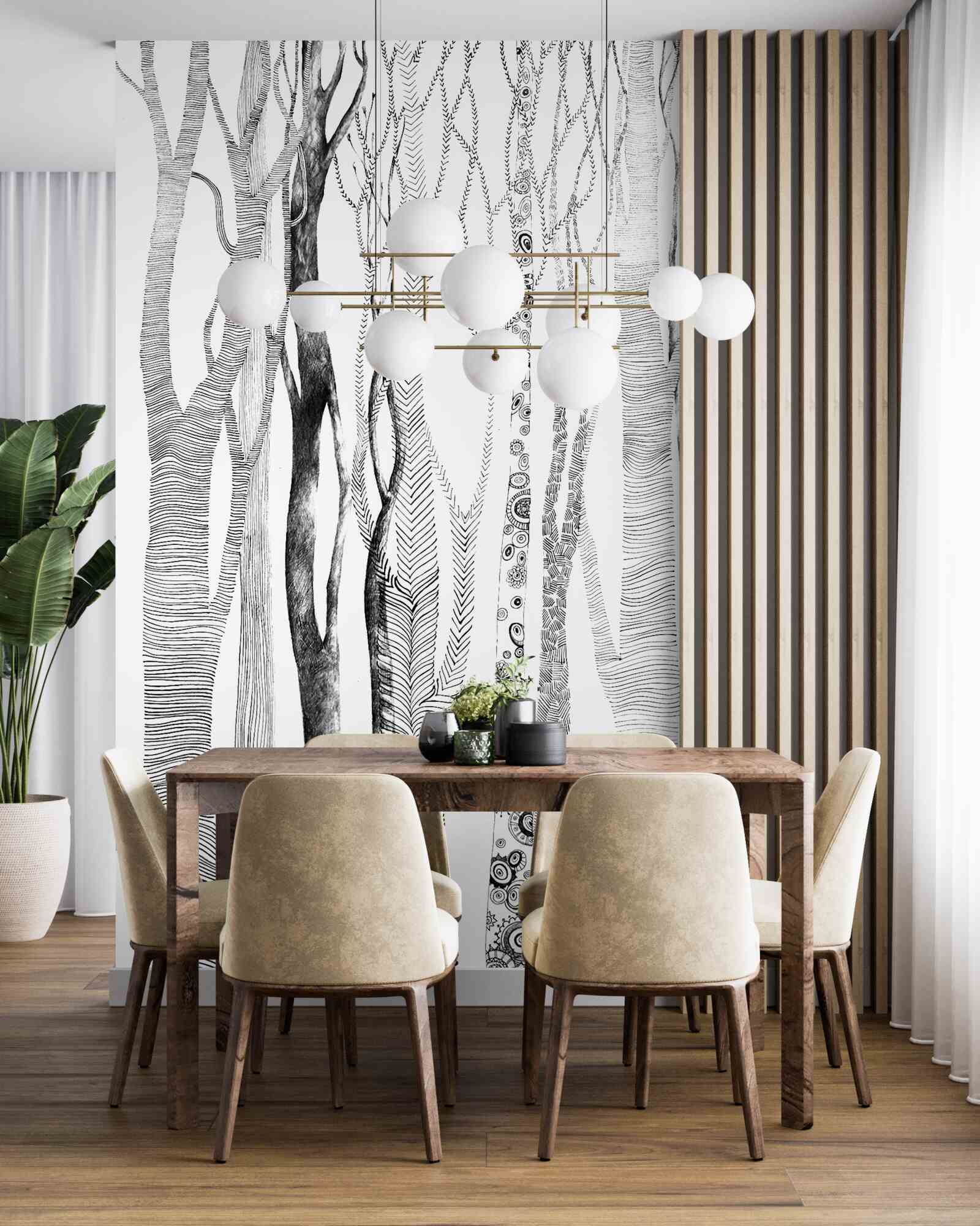 Fototapet model de mesteceni în pădure, fără sudură