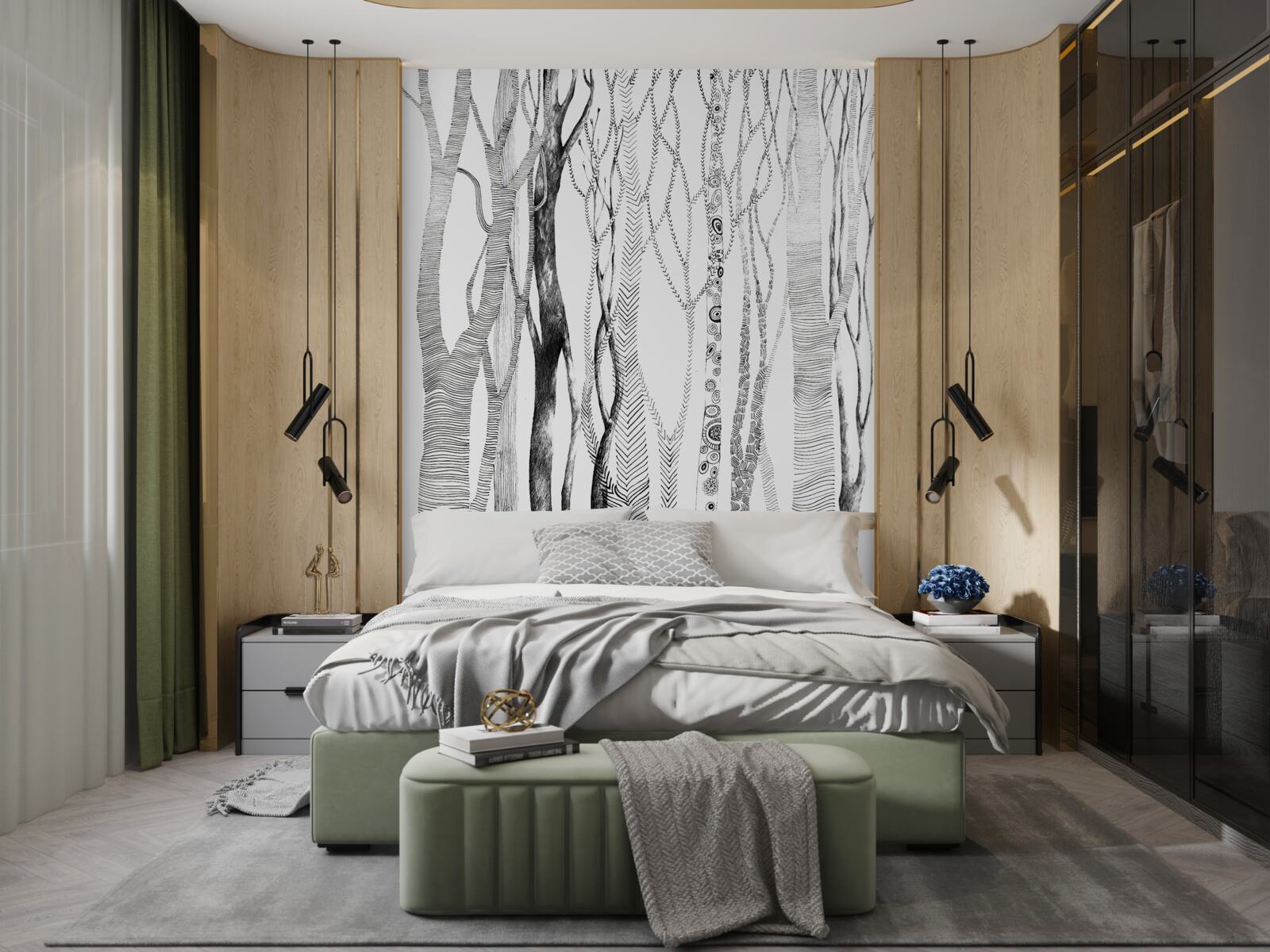 Fototapet model de mesteceni în pădure, fără sudură