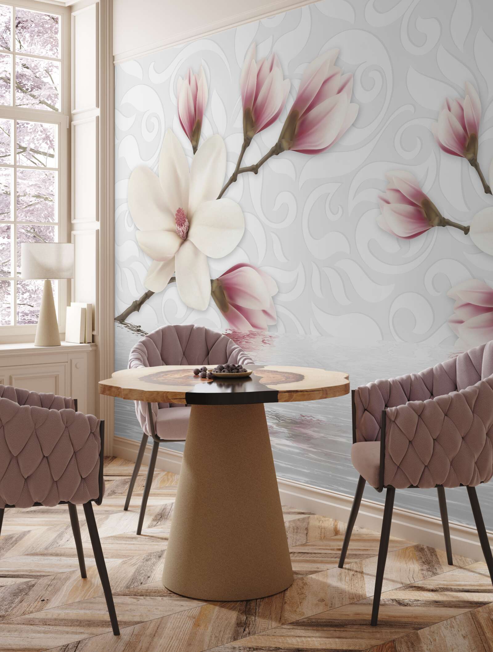 Fototapet există flori albe și roz lângă apă