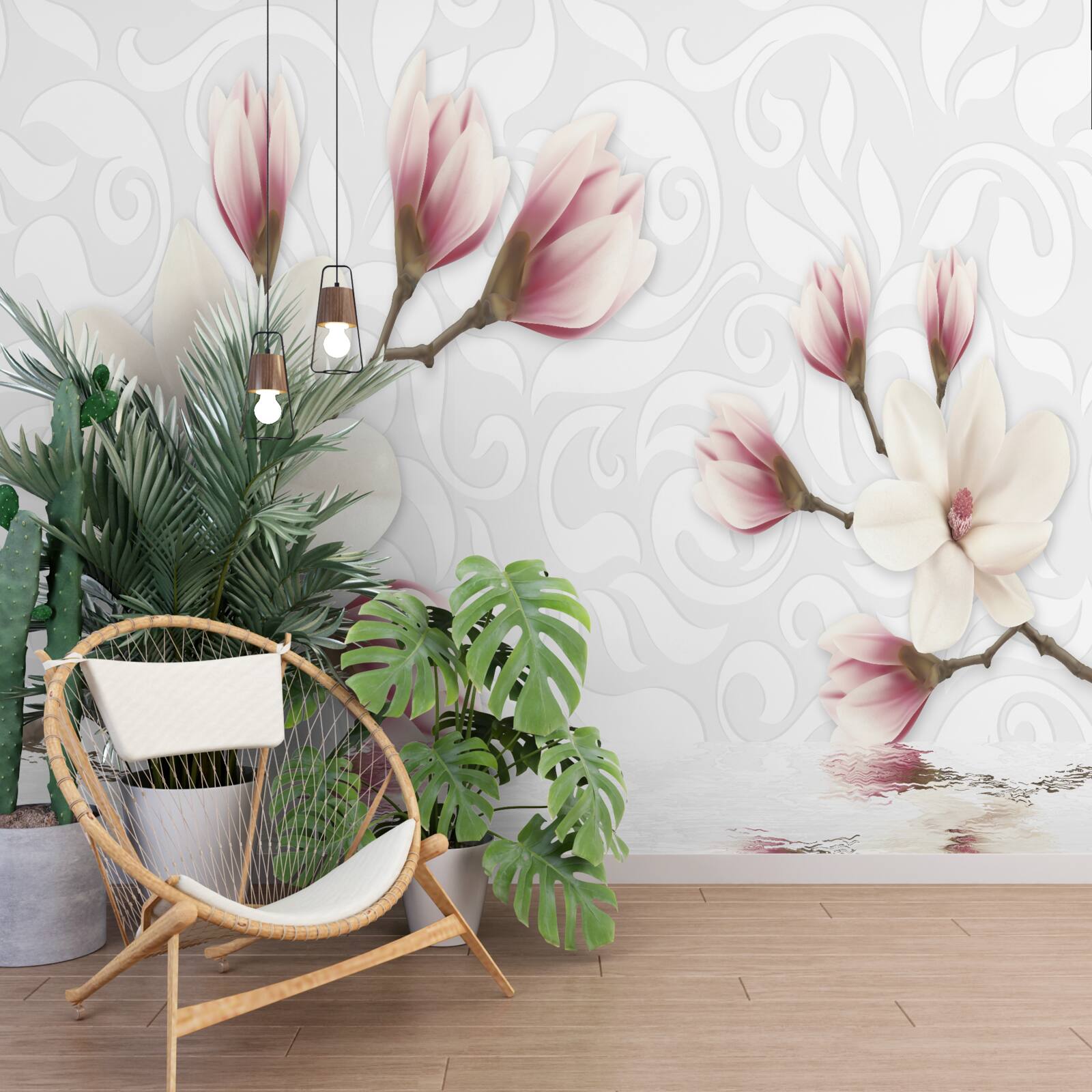 Fototapet există flori albe și roz lângă apă