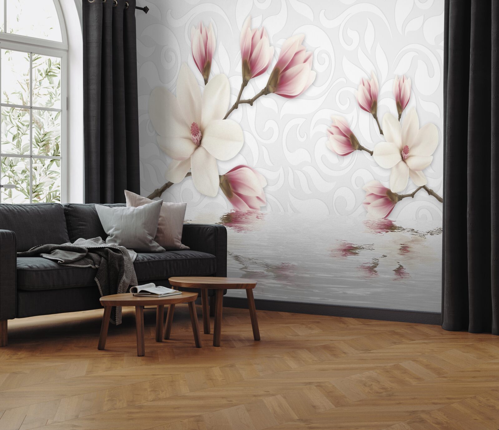 Fototapet există flori albe și roz lângă apă