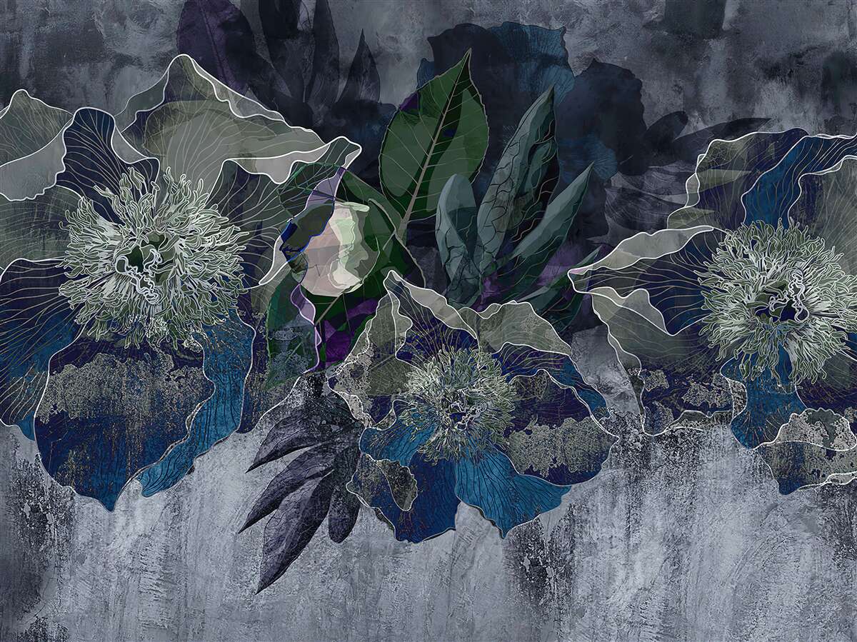 Fototapet flori pictate în acuarelă pe un fond gri