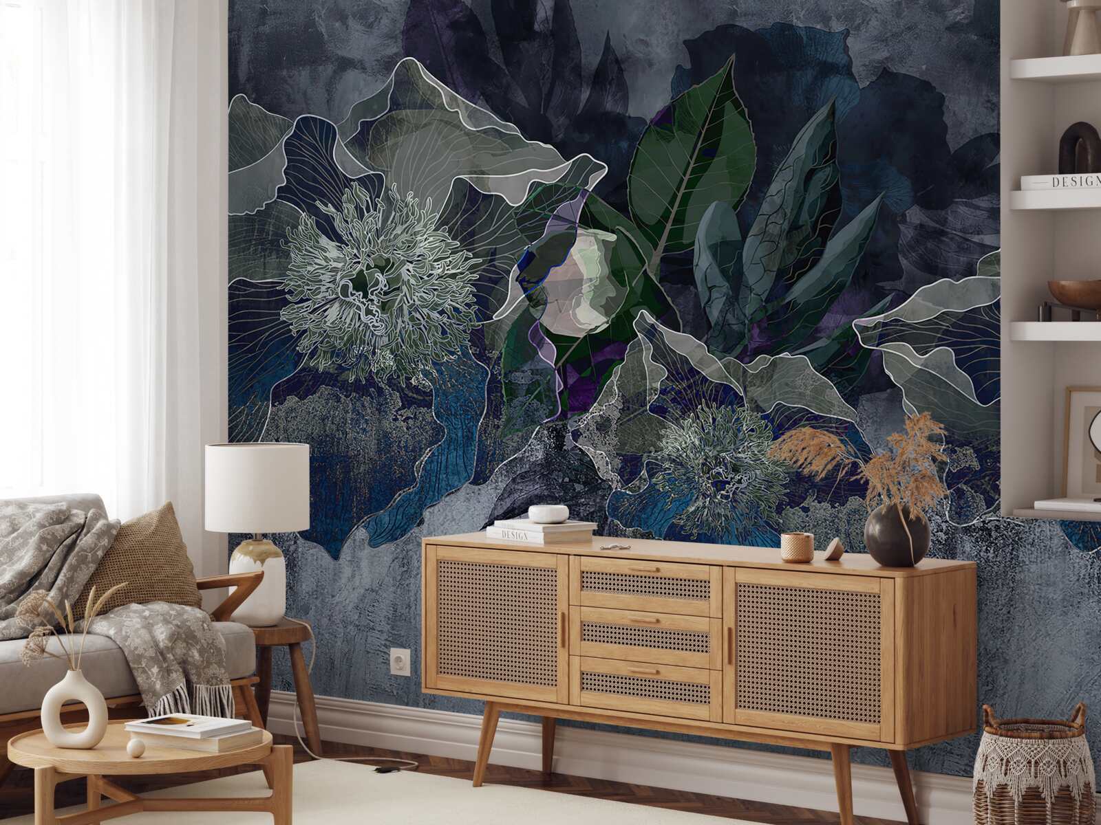 Fototapet flori pictate în acuarelă pe un fond gri