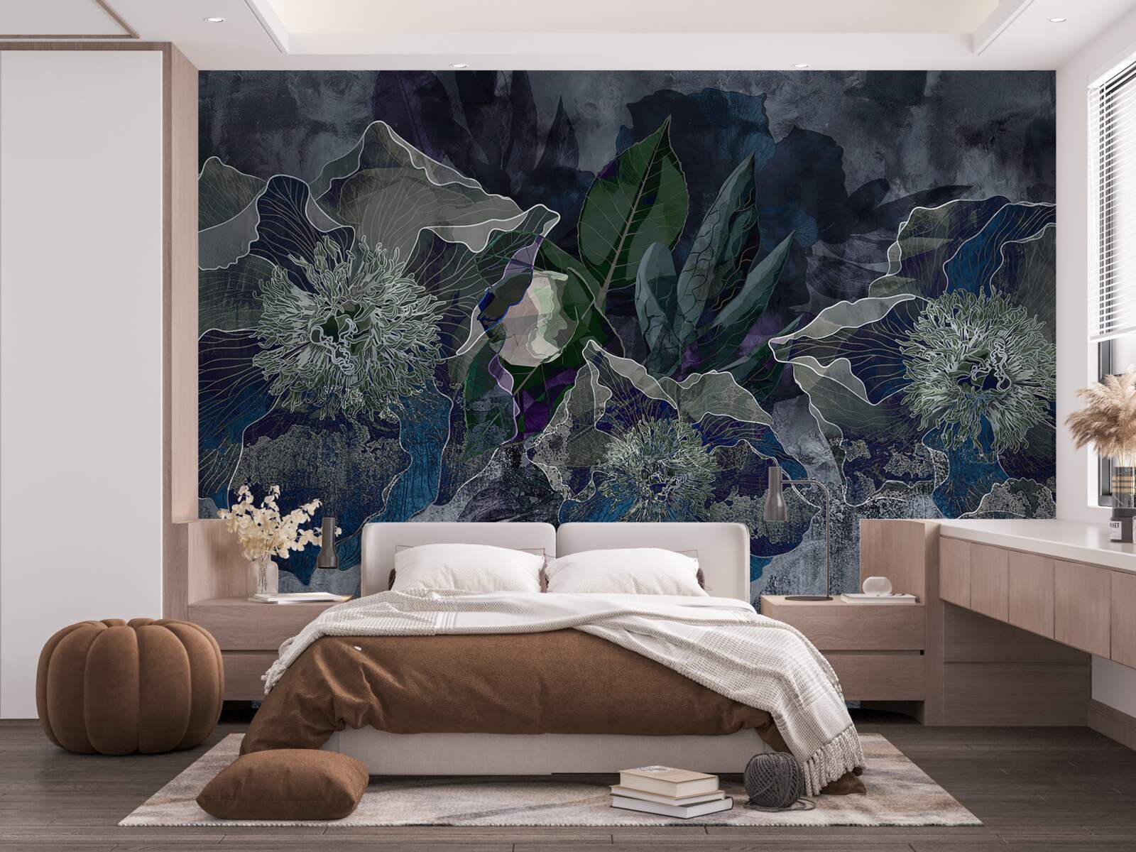 Fototapet flori pictate în acuarelă pe un fond gri