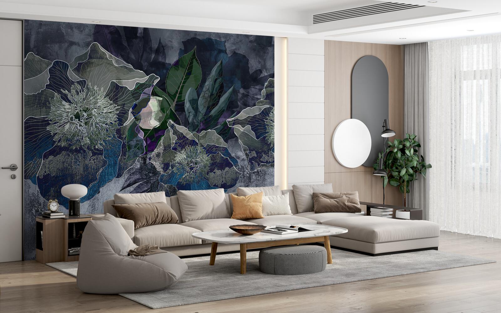 Fototapet flori pictate în acuarelă pe un fond gri