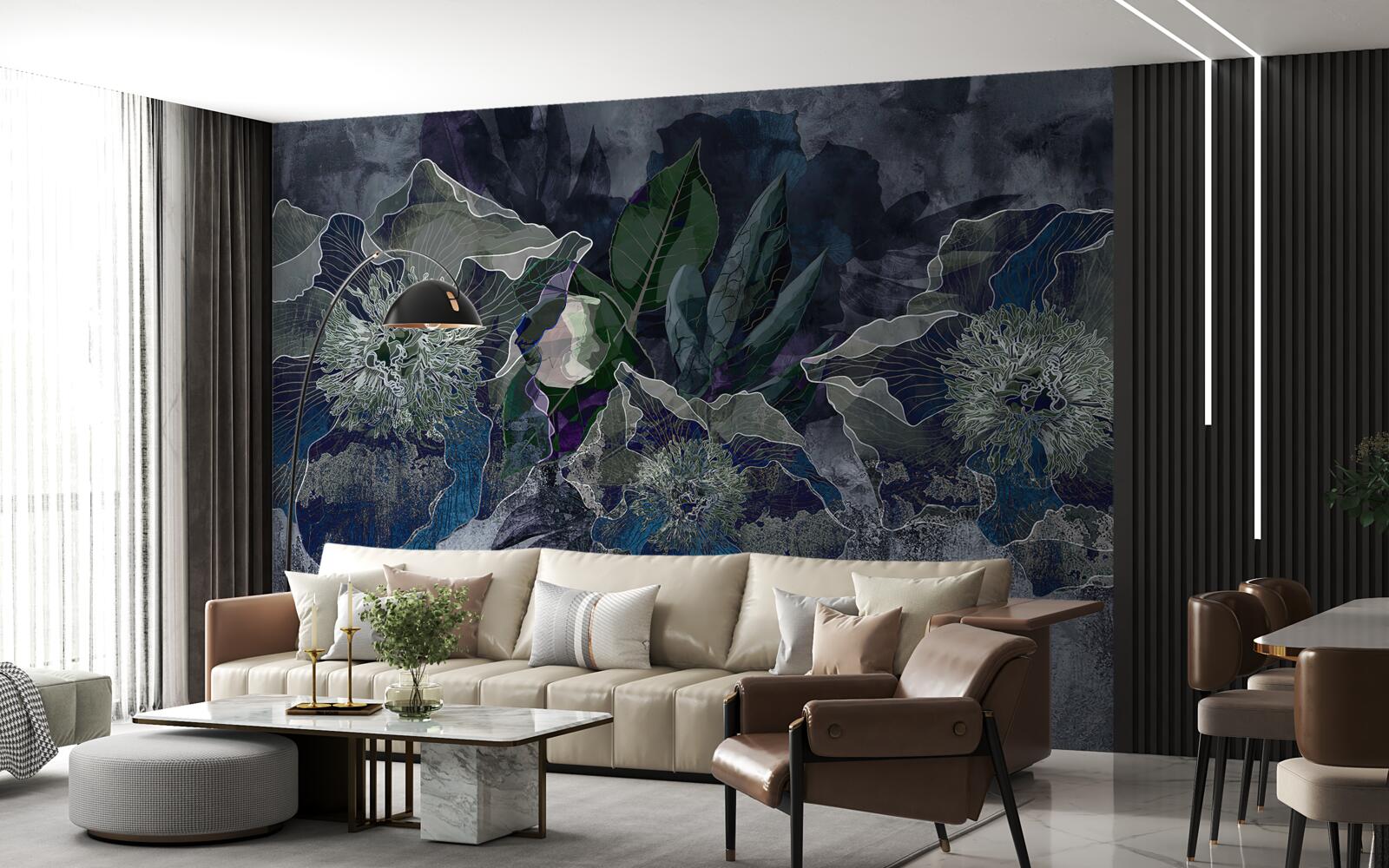 Fototapet flori pictate în acuarelă pe un fond gri