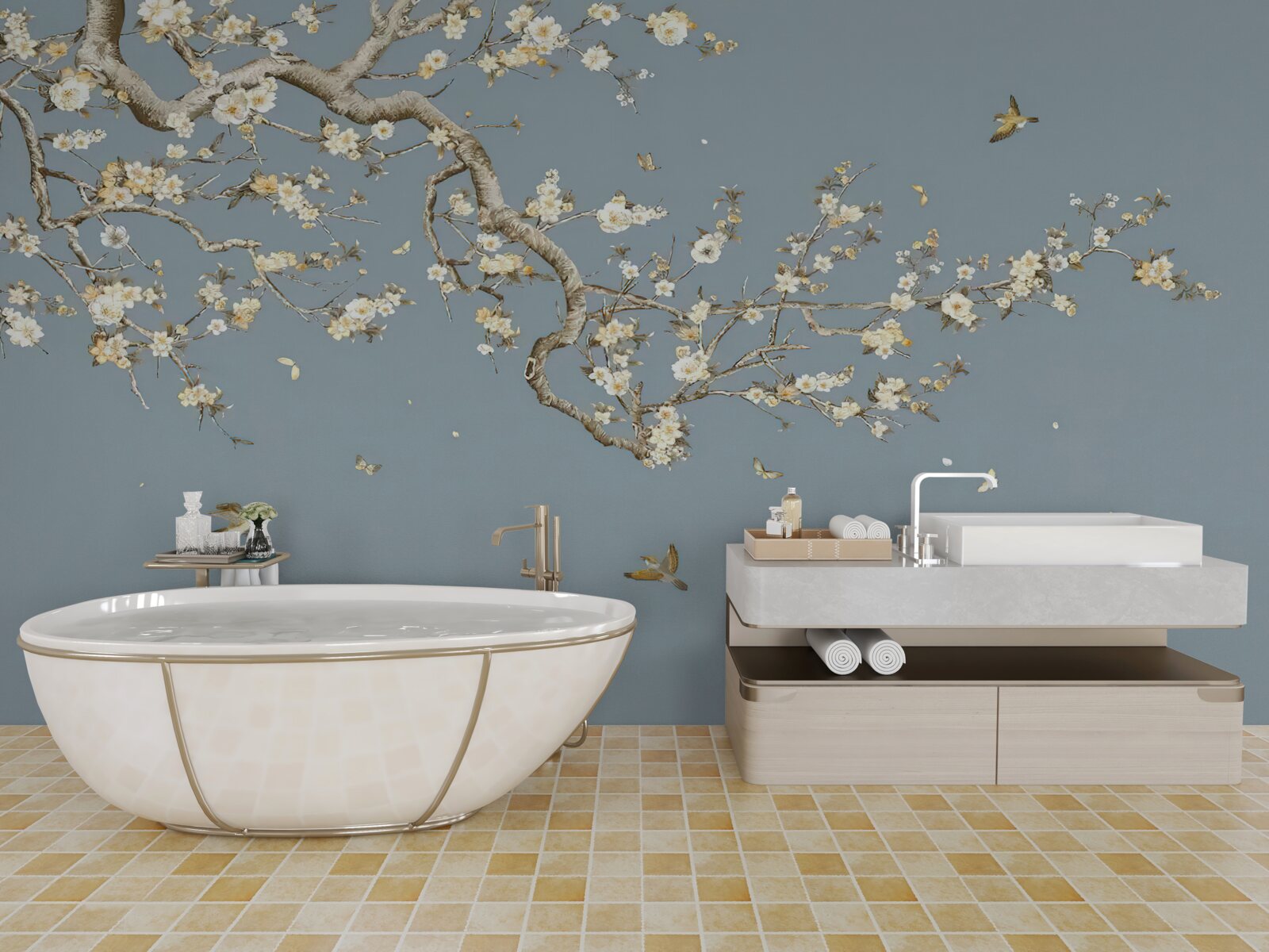 Fototapet trunchi cu flori mici