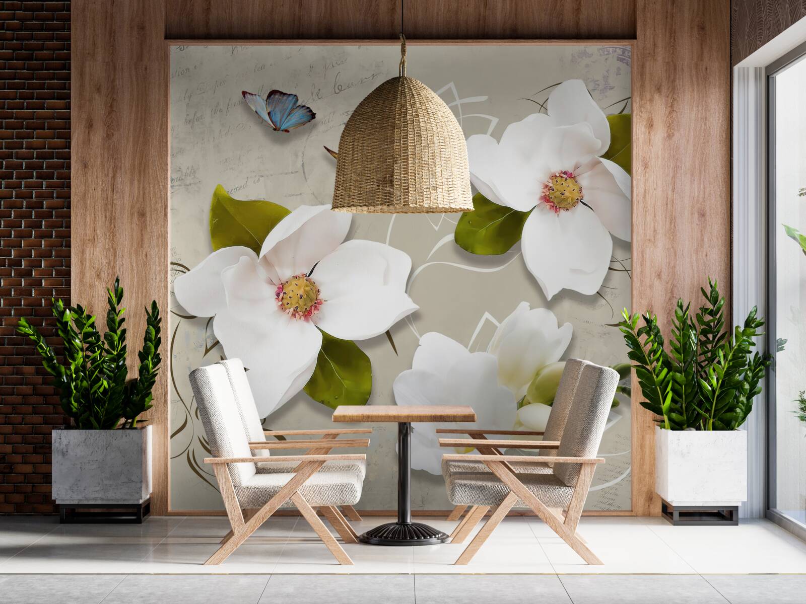 Fototapet doi fluturi și flori albe