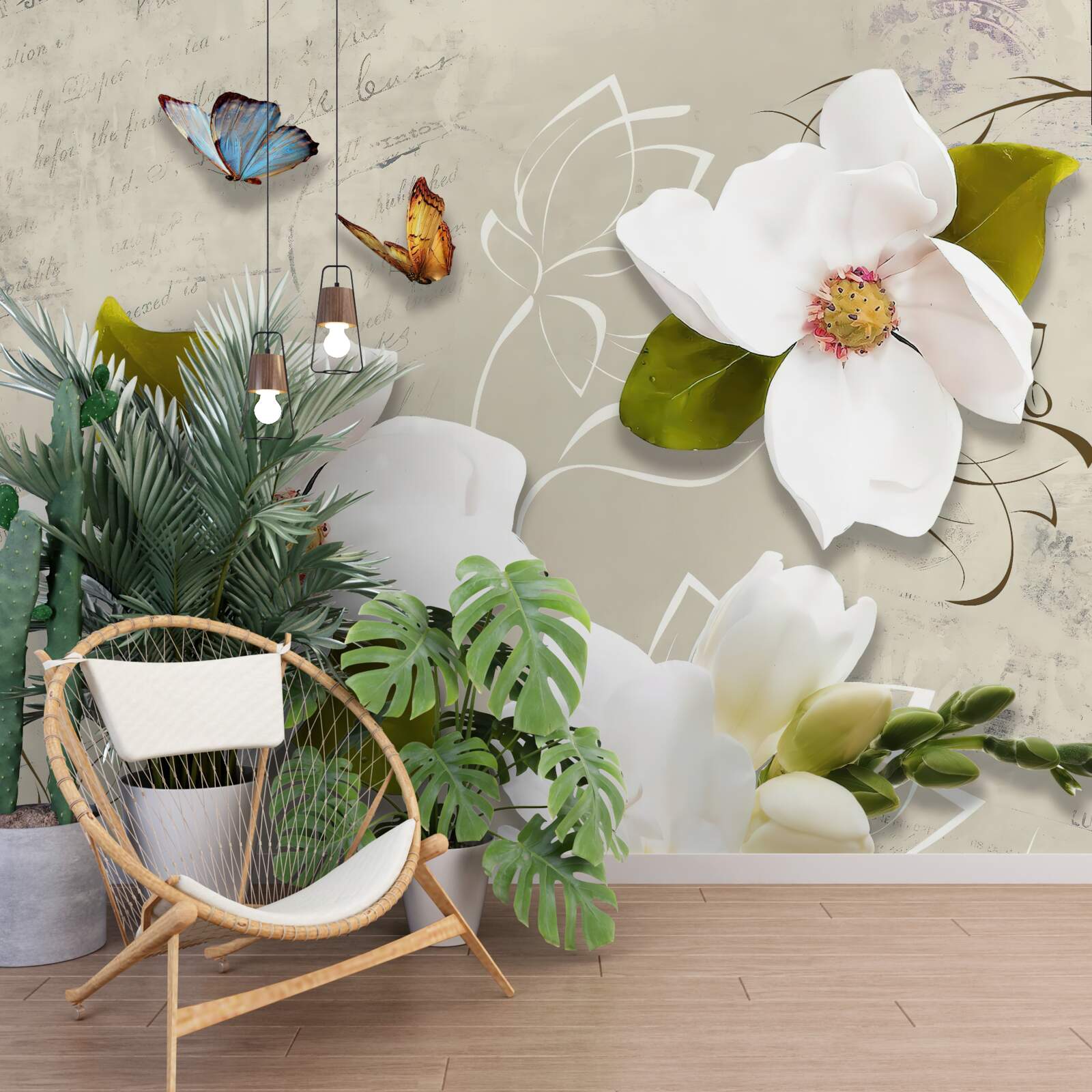 Fototapet doi fluturi și flori albe