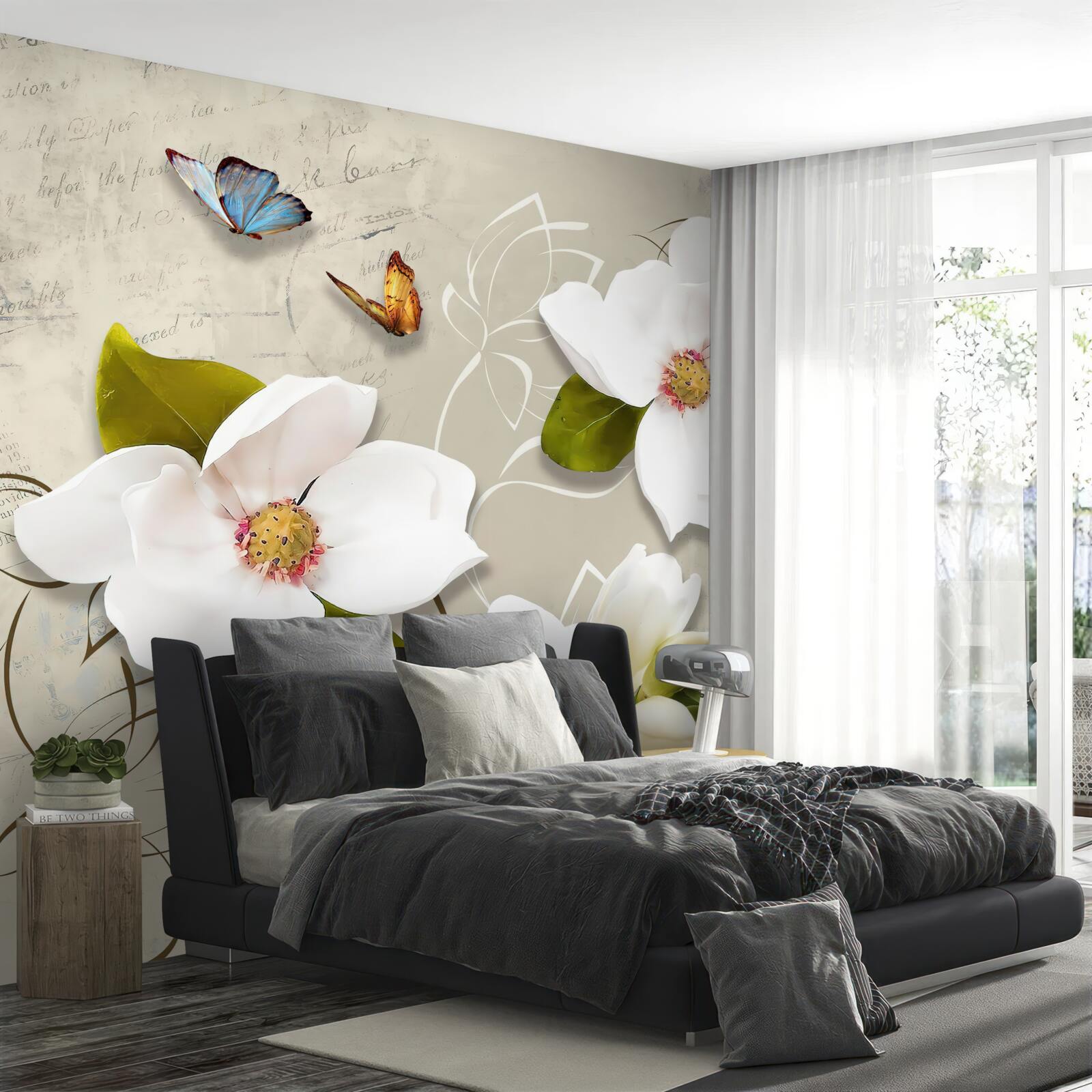 Fototapet doi fluturi și flori albe