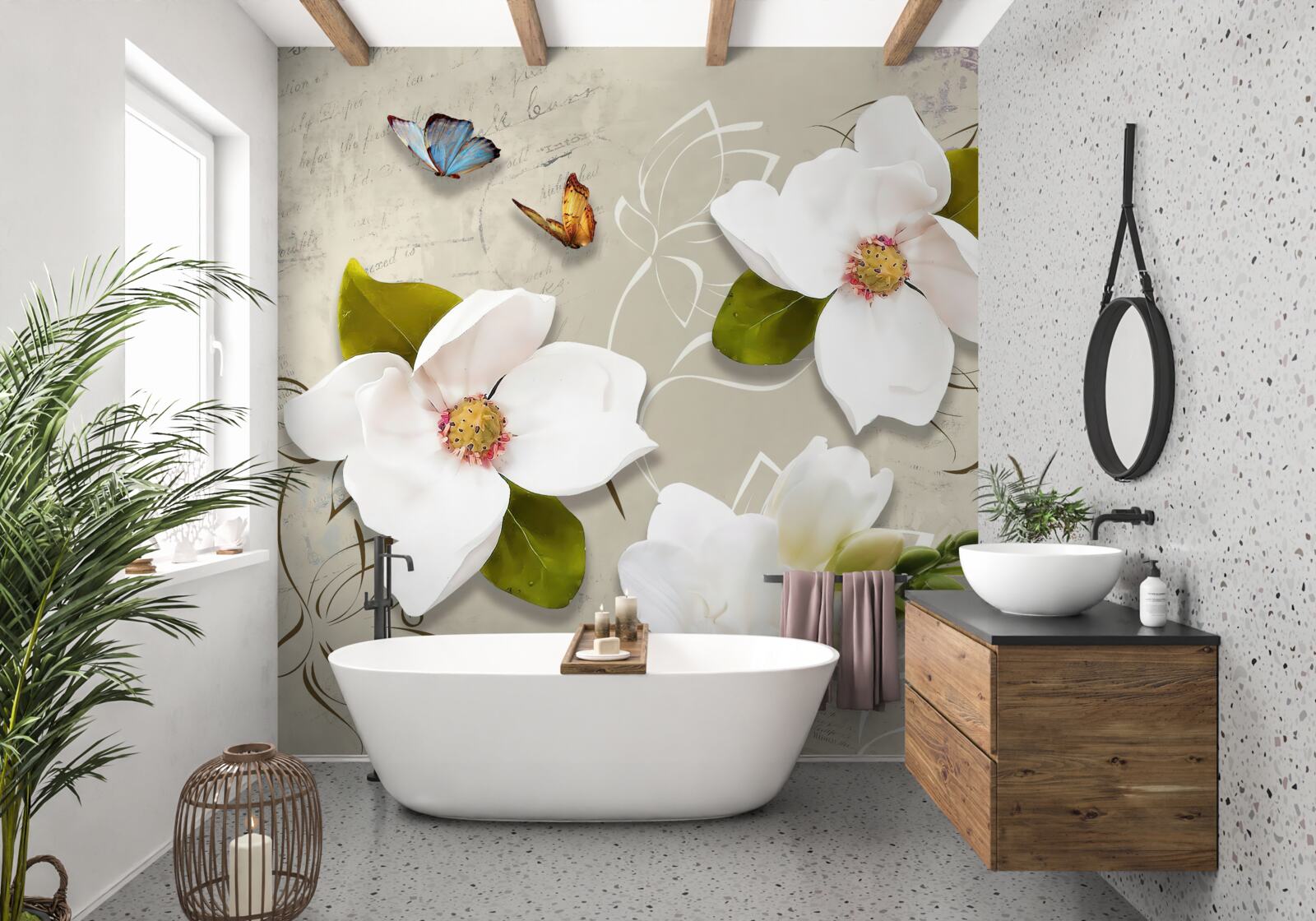 Fototapet doi fluturi și flori albe