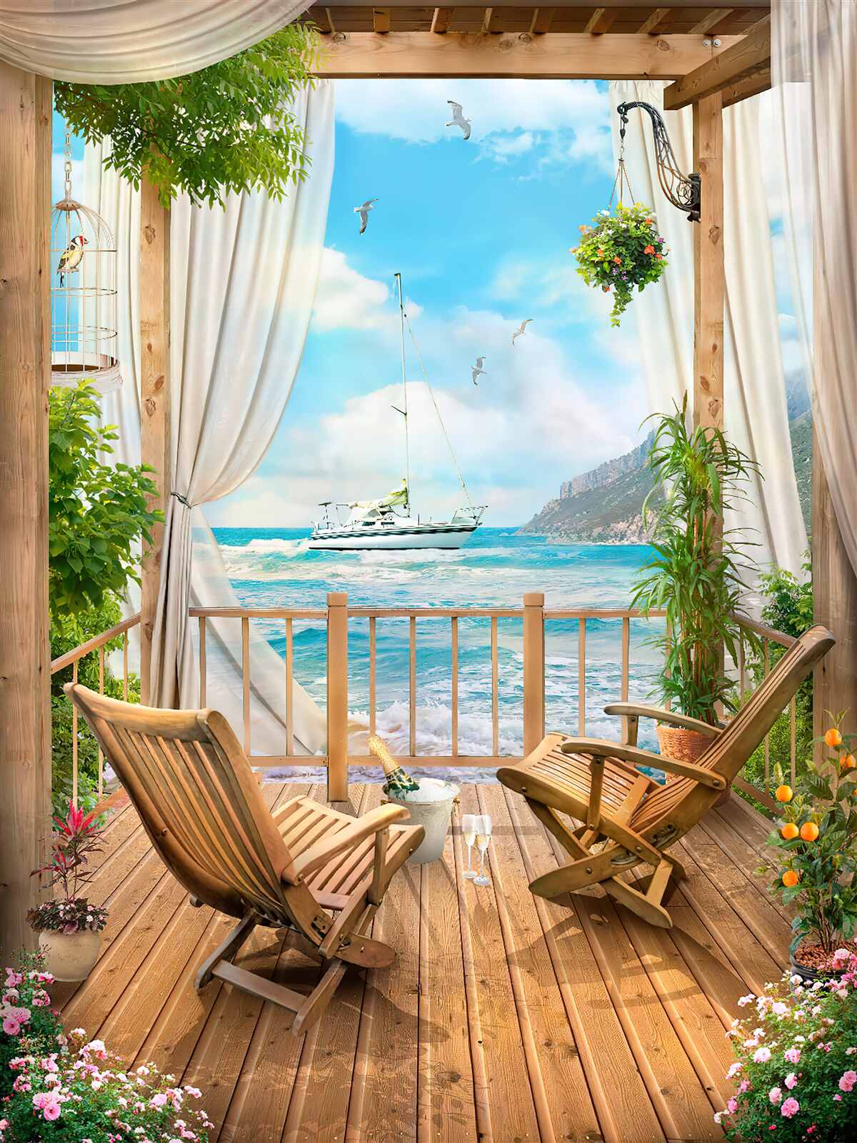 Fototapet scaune pe terasă cu peisaje uluitoare