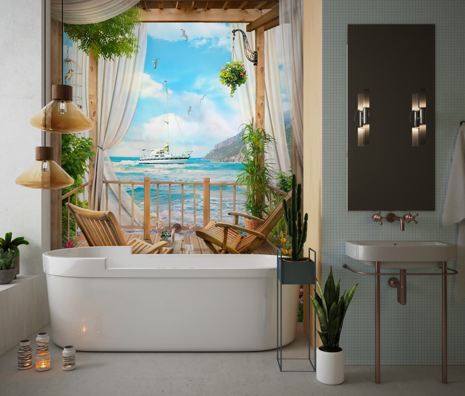 Fototapet scaune pe terasă cu peisaje uluitoare