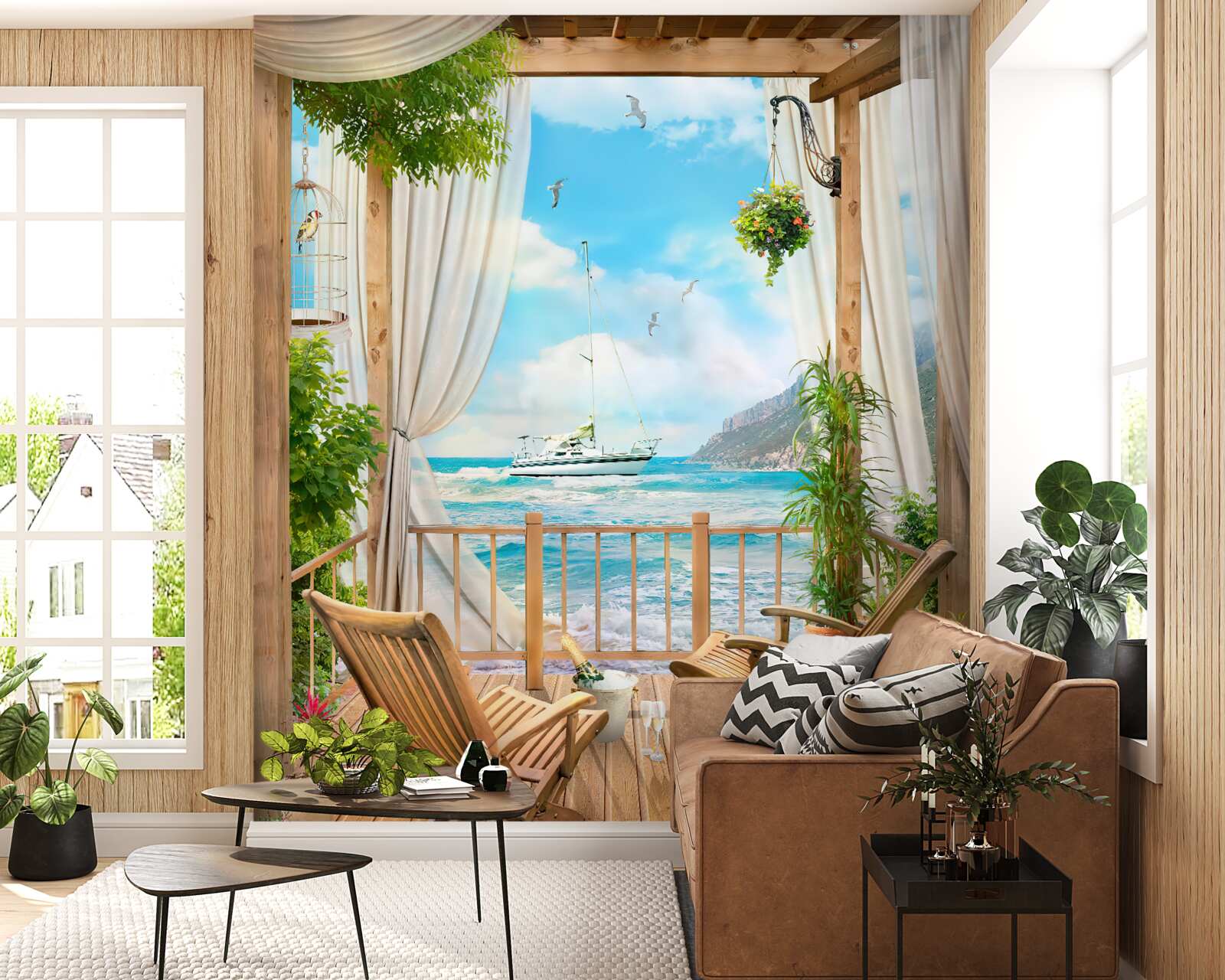 Fototapet scaune pe terasă cu peisaje uluitoare