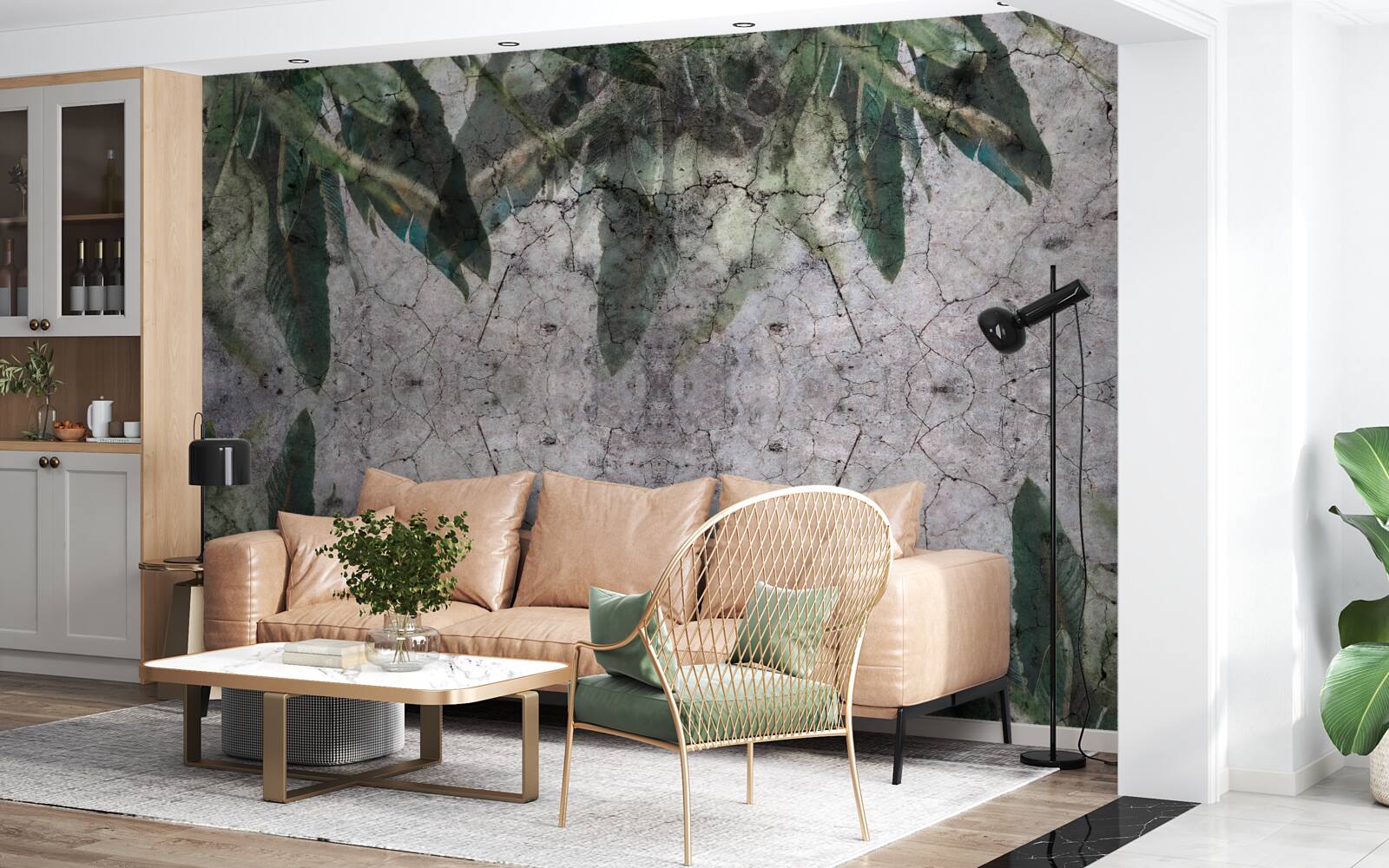 Fototapet Perete cu frunze face beton