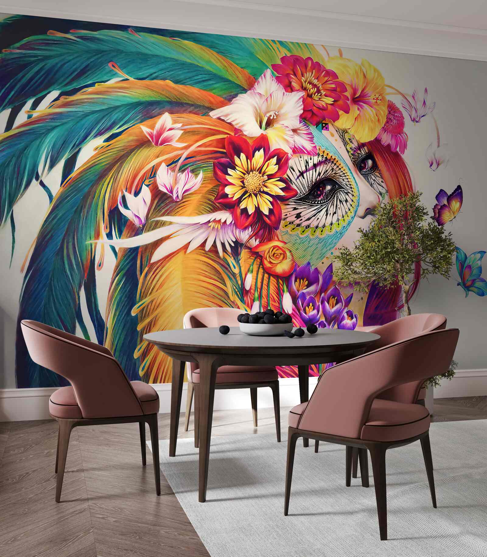 Fototapet fată cu pene strălucitoare și flori în păr