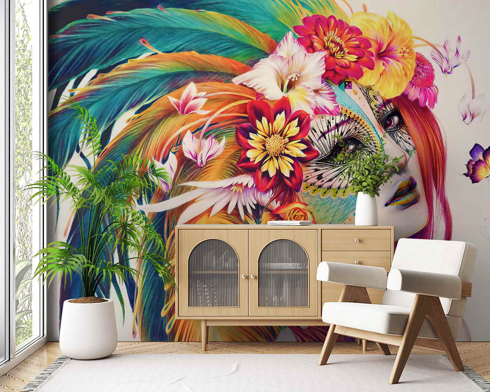 Fototapet fată cu pene strălucitoare și flori în păr