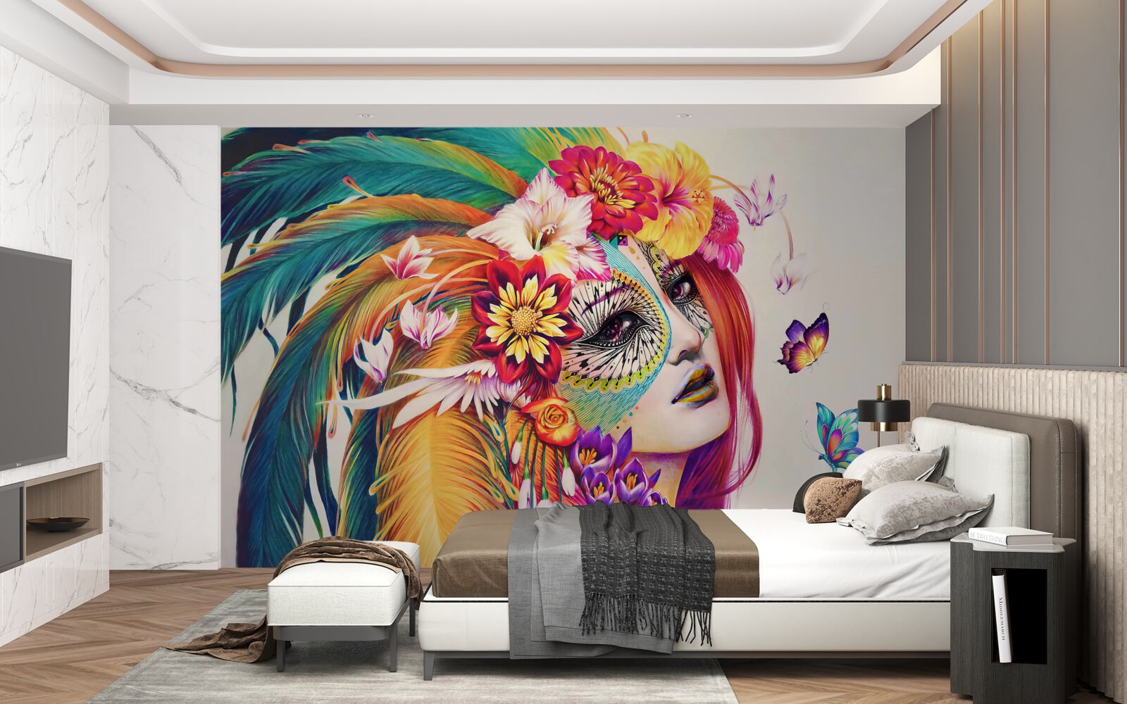 Fototapet fată cu pene strălucitoare și flori în păr