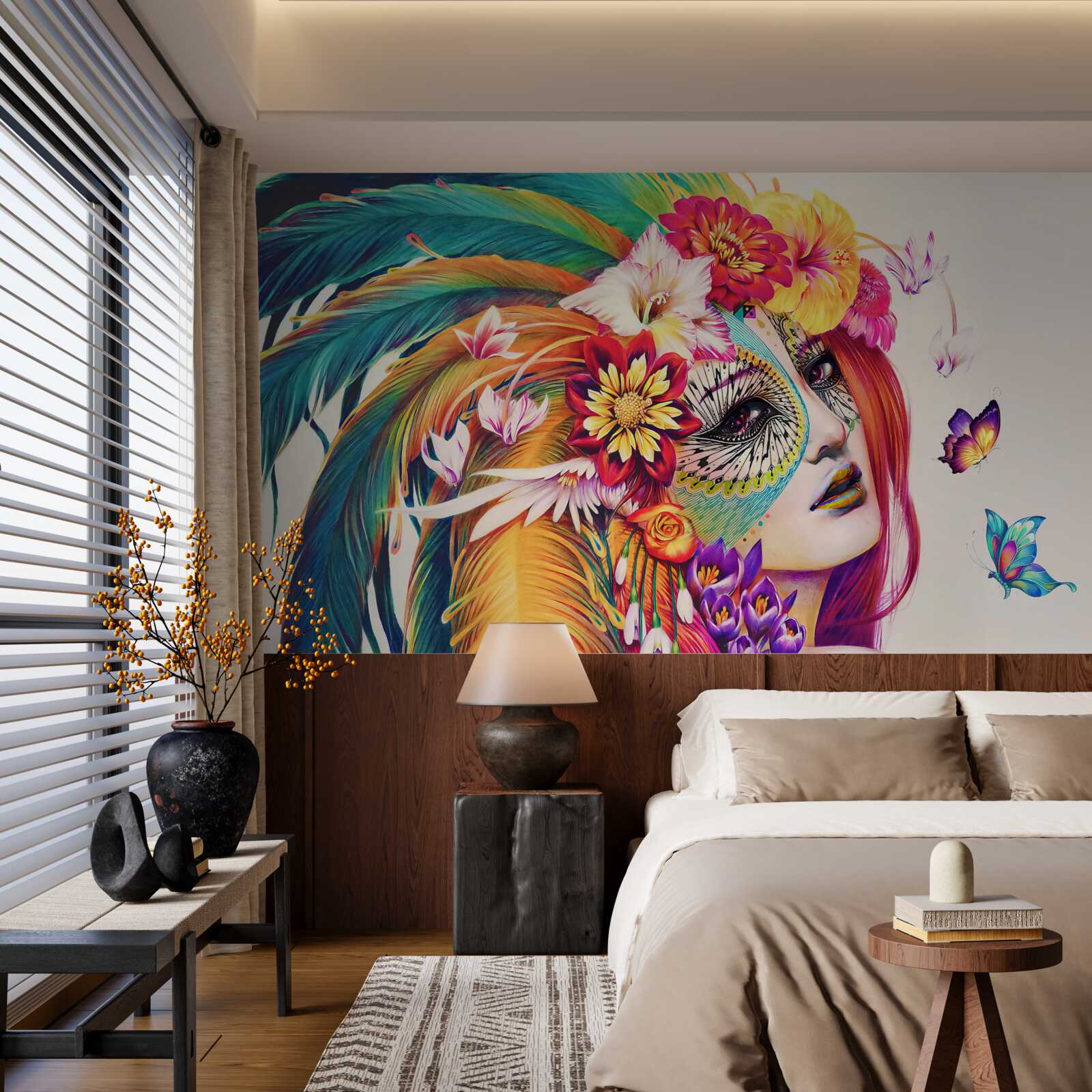 Fototapet fată cu pene strălucitoare și flori în păr