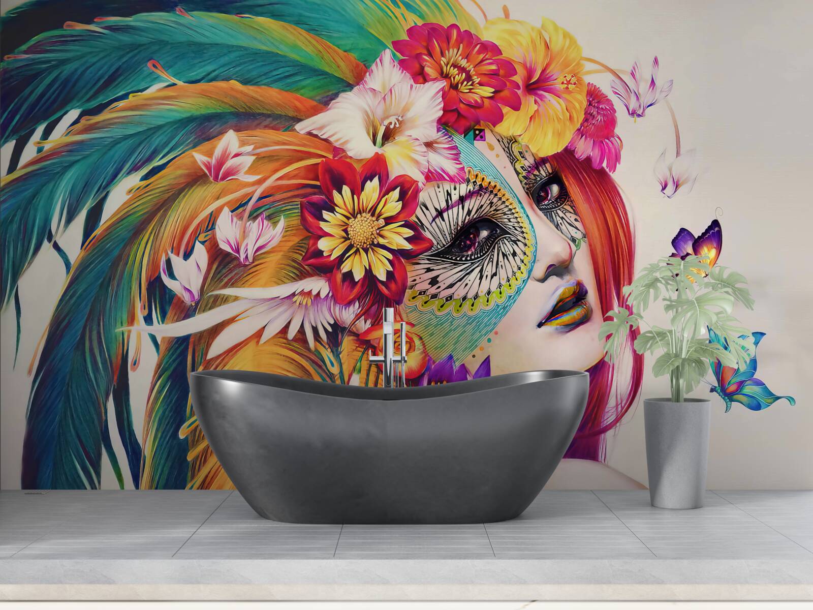 Fototapet fată cu pene strălucitoare și flori în păr
