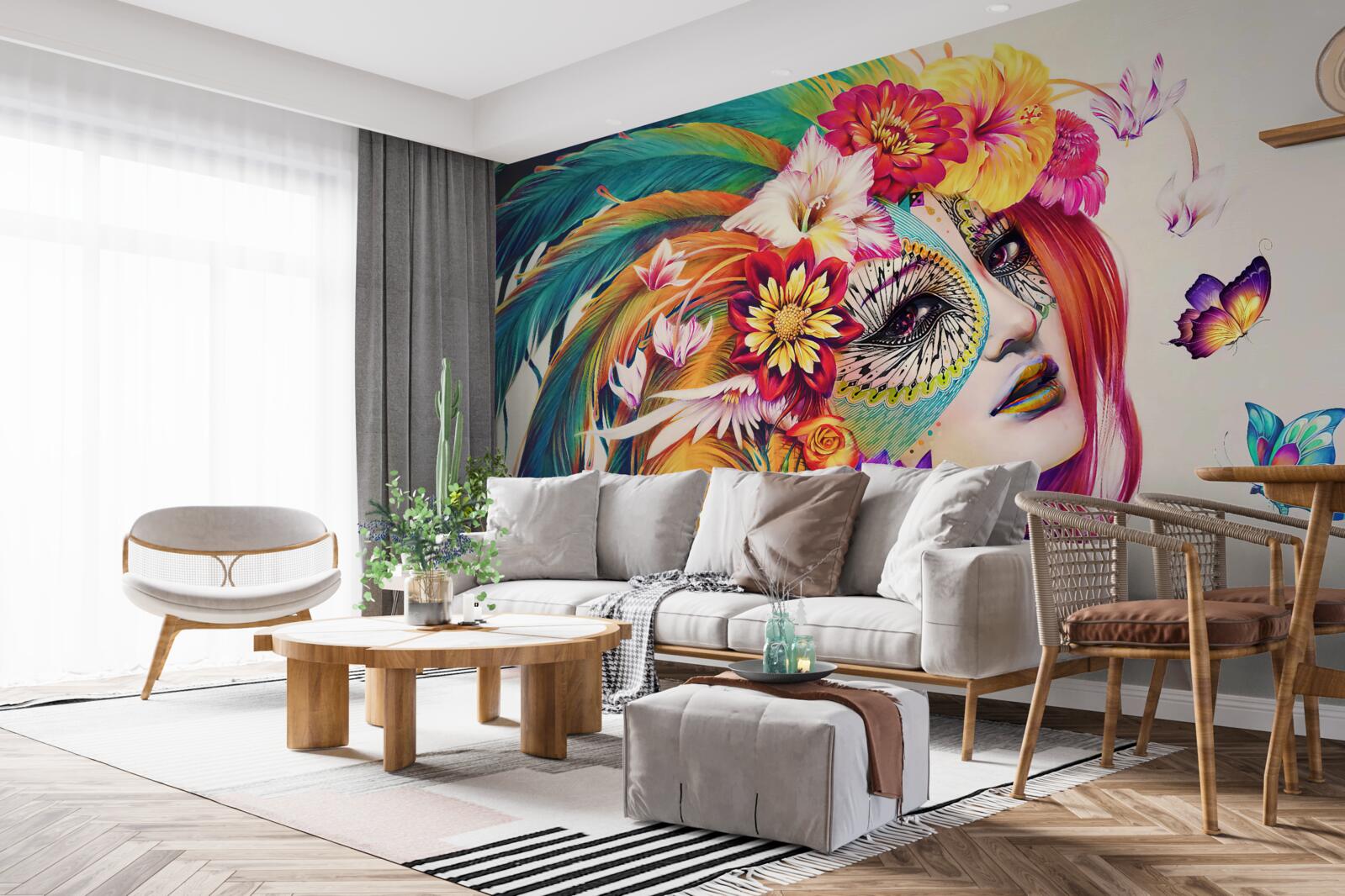 Fototapet fată cu pene strălucitoare și flori în păr