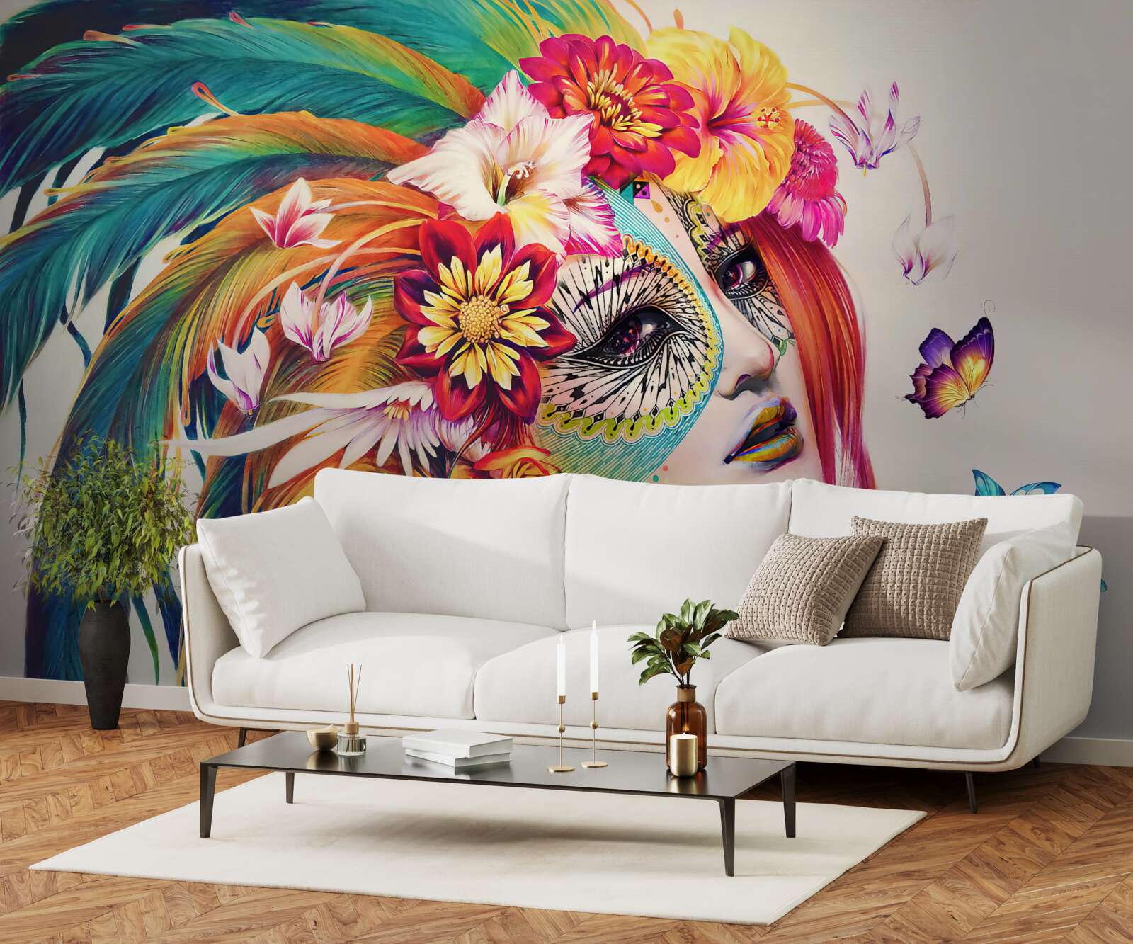 Fototapet fată cu pene strălucitoare și flori în păr